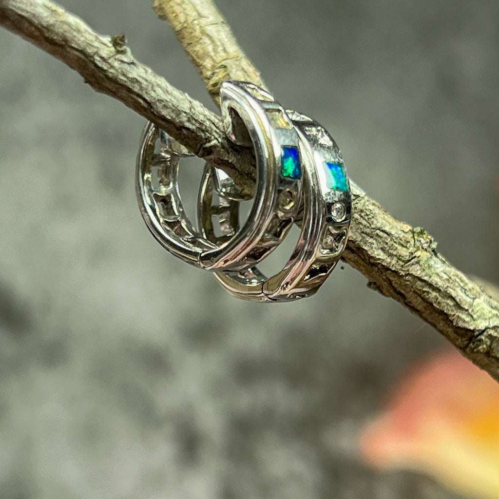 Handmade Opal Inlay Huggies, Sterling Silver Earrings - Dainty Studs, Minimalist Opal Jewelry, Cute Gift for Her, Birthstone Earrings - Masterpiece Jewellery Opal & Gems Sydney Australia | Online Shop