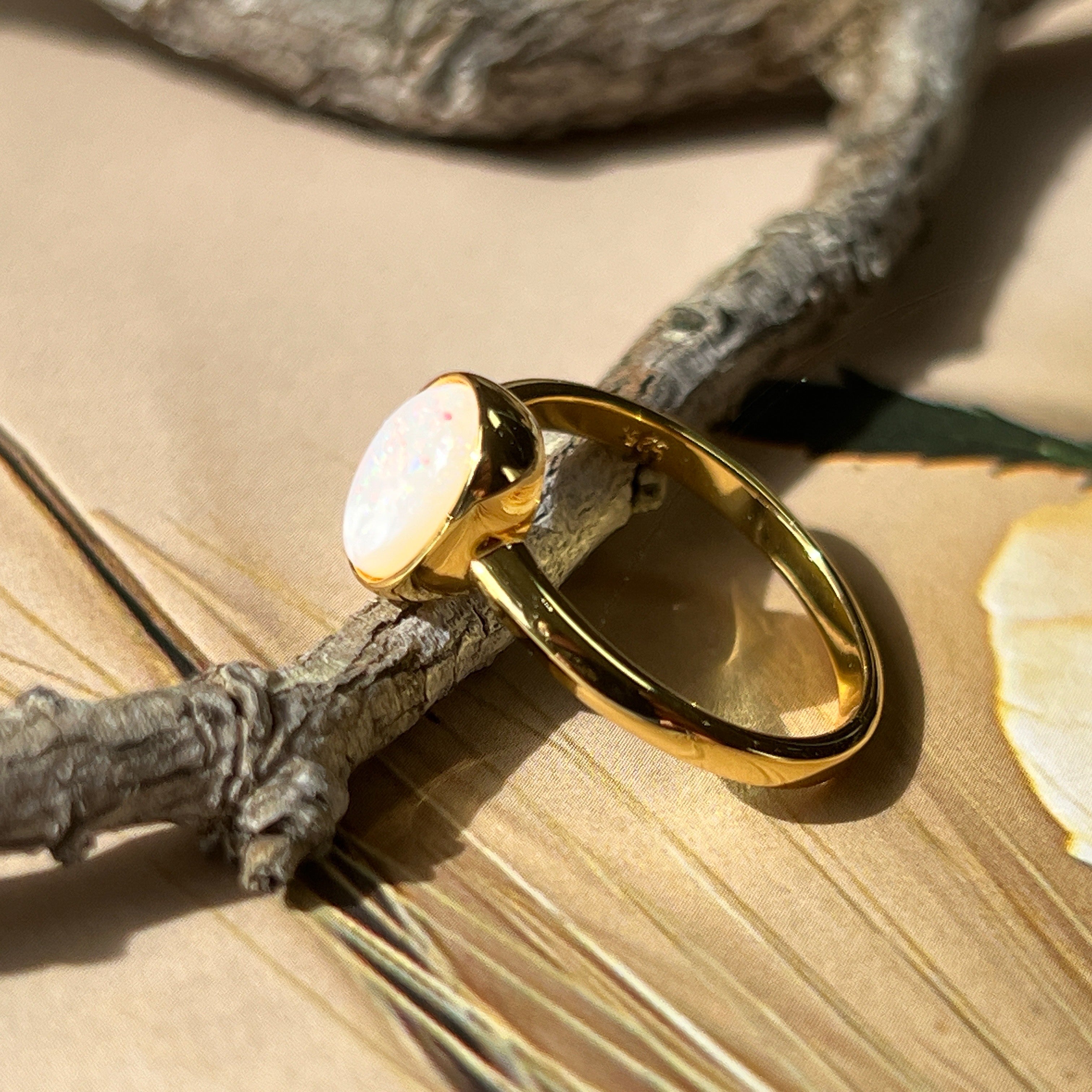Gold plated sterling Silver 9x7mm White Opal ring solitaire bezel set - Masterpiece Jewellery Opal & Gems Sydney Australia | Online Shop