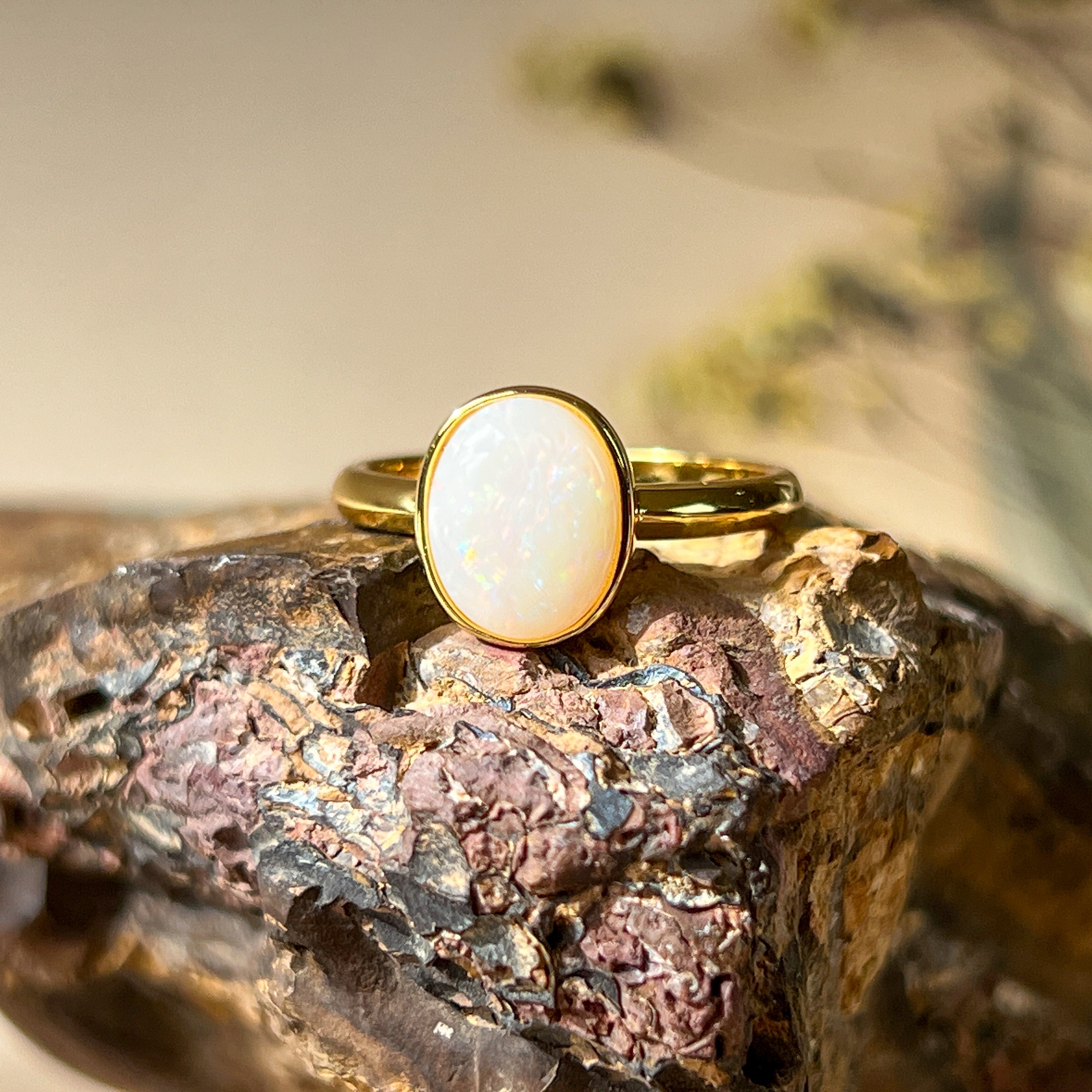 Gold-Plated Sterling Silver Ring - 10x8mm White Opal Solitaire, Bezel Set, Minimalist Gemstone Jewelry, Ideal Gift for Her - Masterpiece Jewellery Opal & Gems Sydney Australia | Online Shop