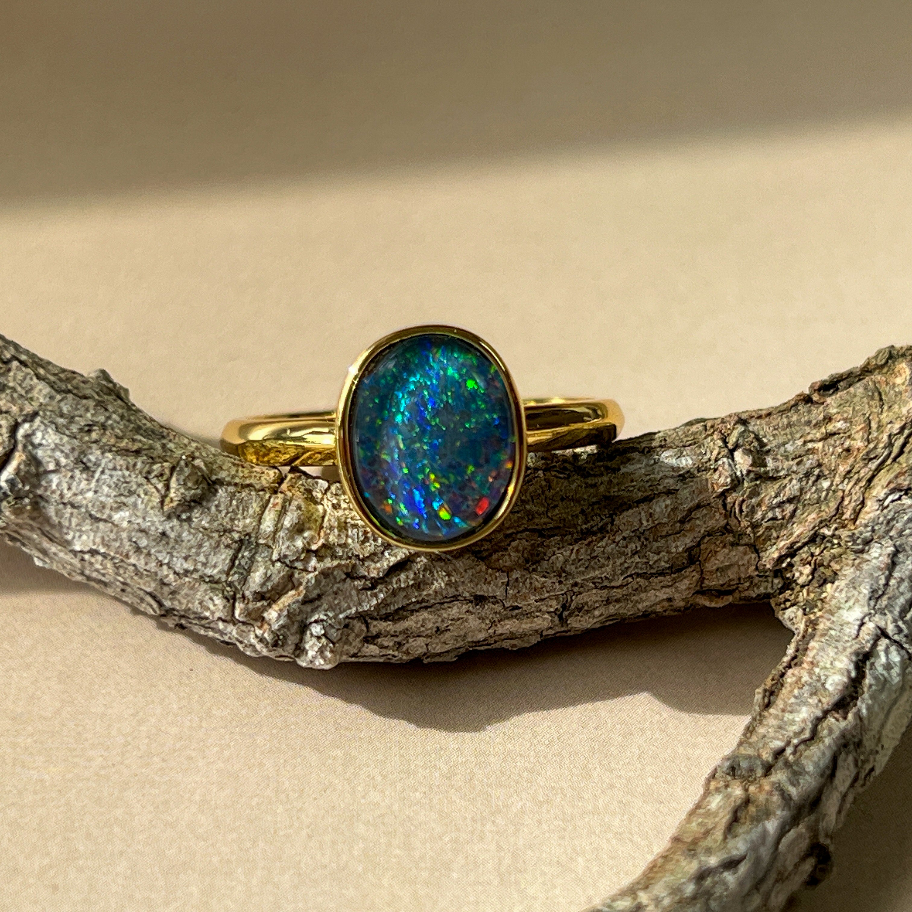 Gold-Plated Silver Ring with 10x8mm Triplet Opal - Bezel Set, Handcrafted Gemstone Jewelry, Perfect Gift for Her, Opal Ring - Masterpiece Jewellery Opal & Gems Sydney Australia | Online Shop