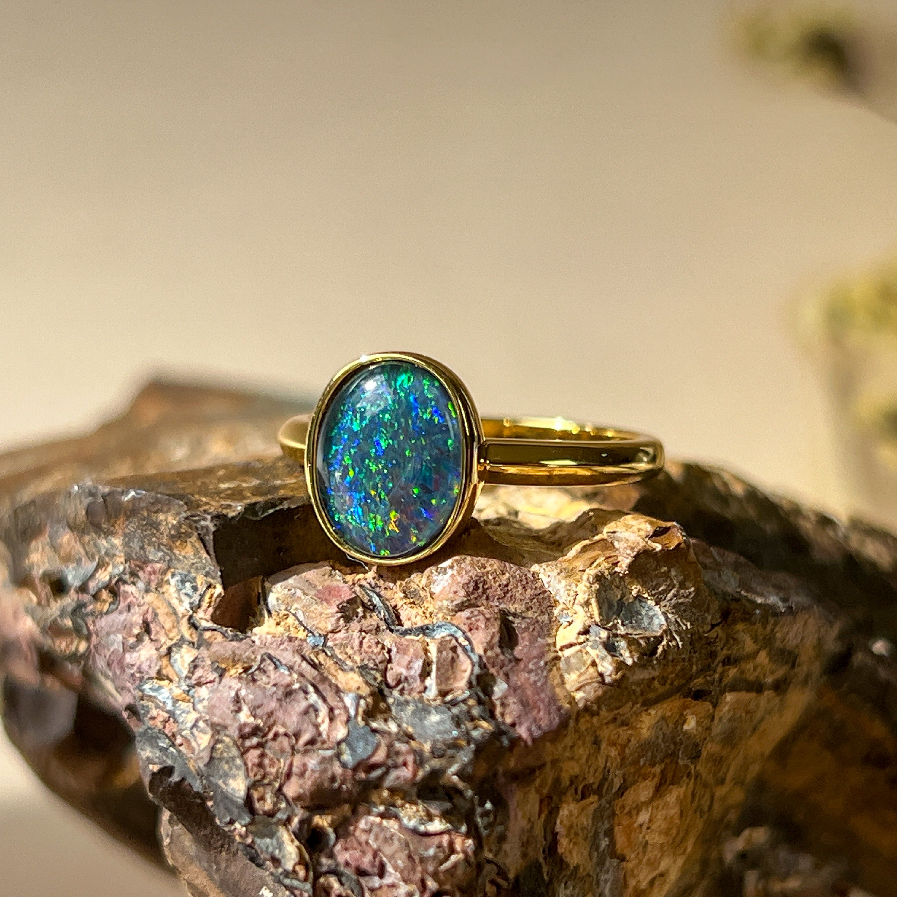 Gold-Plated Silver Ring with 10x8mm Triplet Opal - Bezel Set, Handcrafted Gemstone Jewelry, Perfect Gift for Her, Opal Ring - Masterpiece Jewellery Opal & Gems Sydney Australia | Online Shop