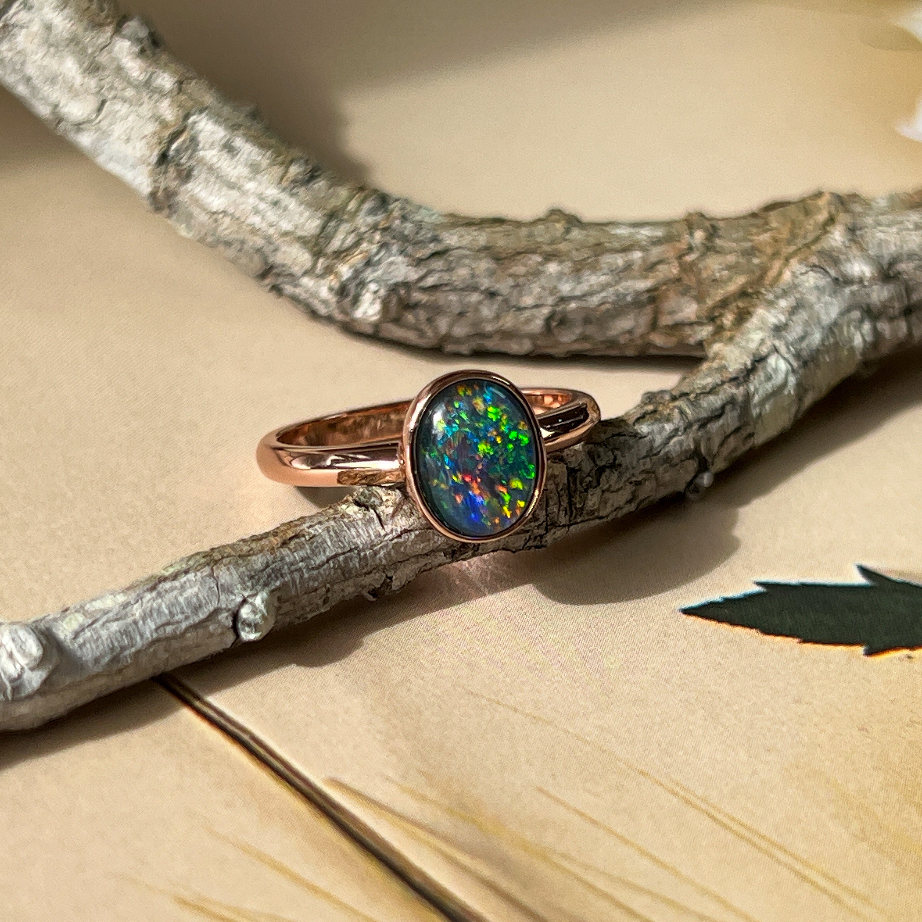 Rose Gold plated sterling silver 9x7mm Triplet Opal ring bezel set - Masterpiece Jewellery Opal & Gems Sydney Australia | Online Shop