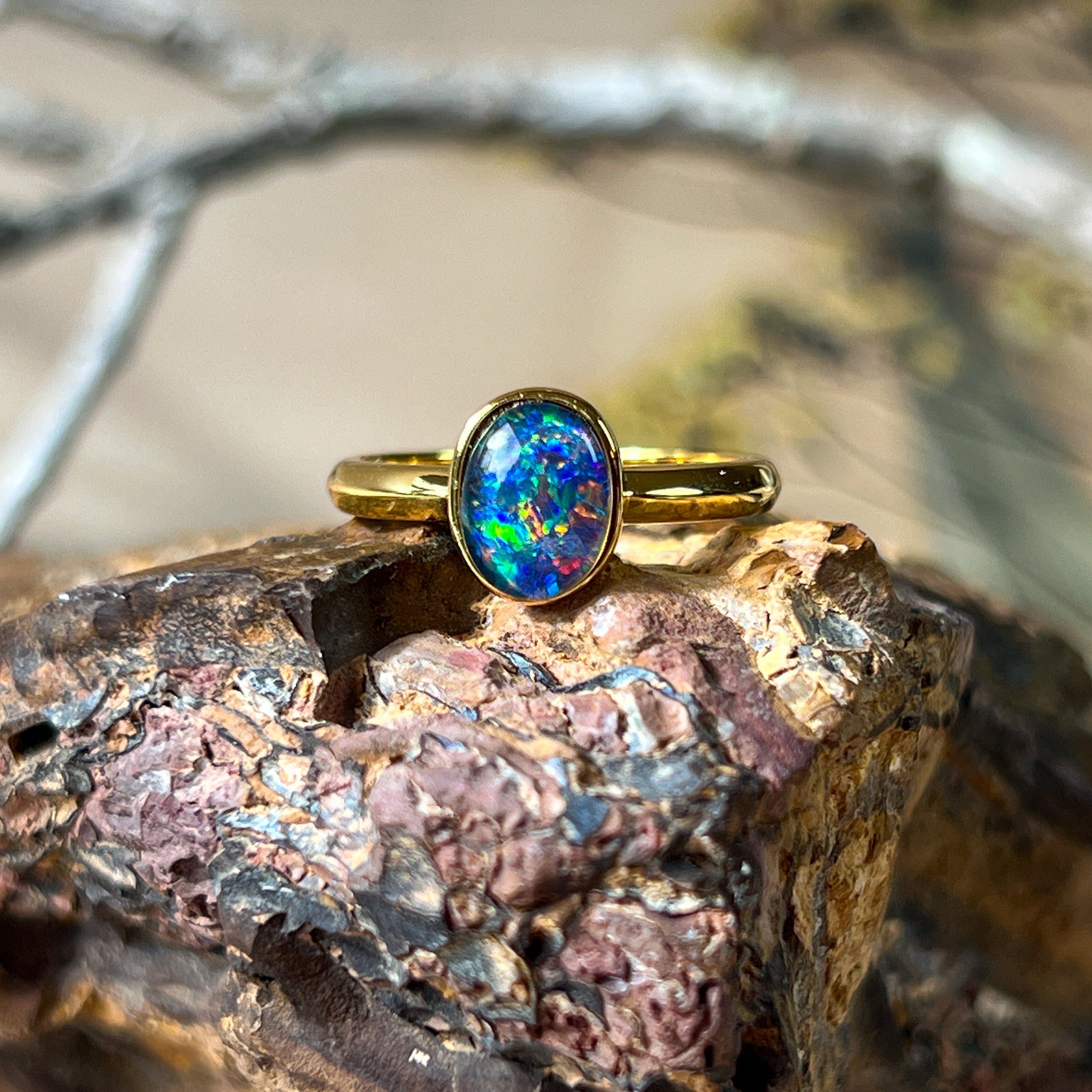 One Gold plated sterling silver 8x6mm Triplet Opal ring bezel set - Masterpiece Jewellery Opal & Gems Sydney Australia | Online Shop