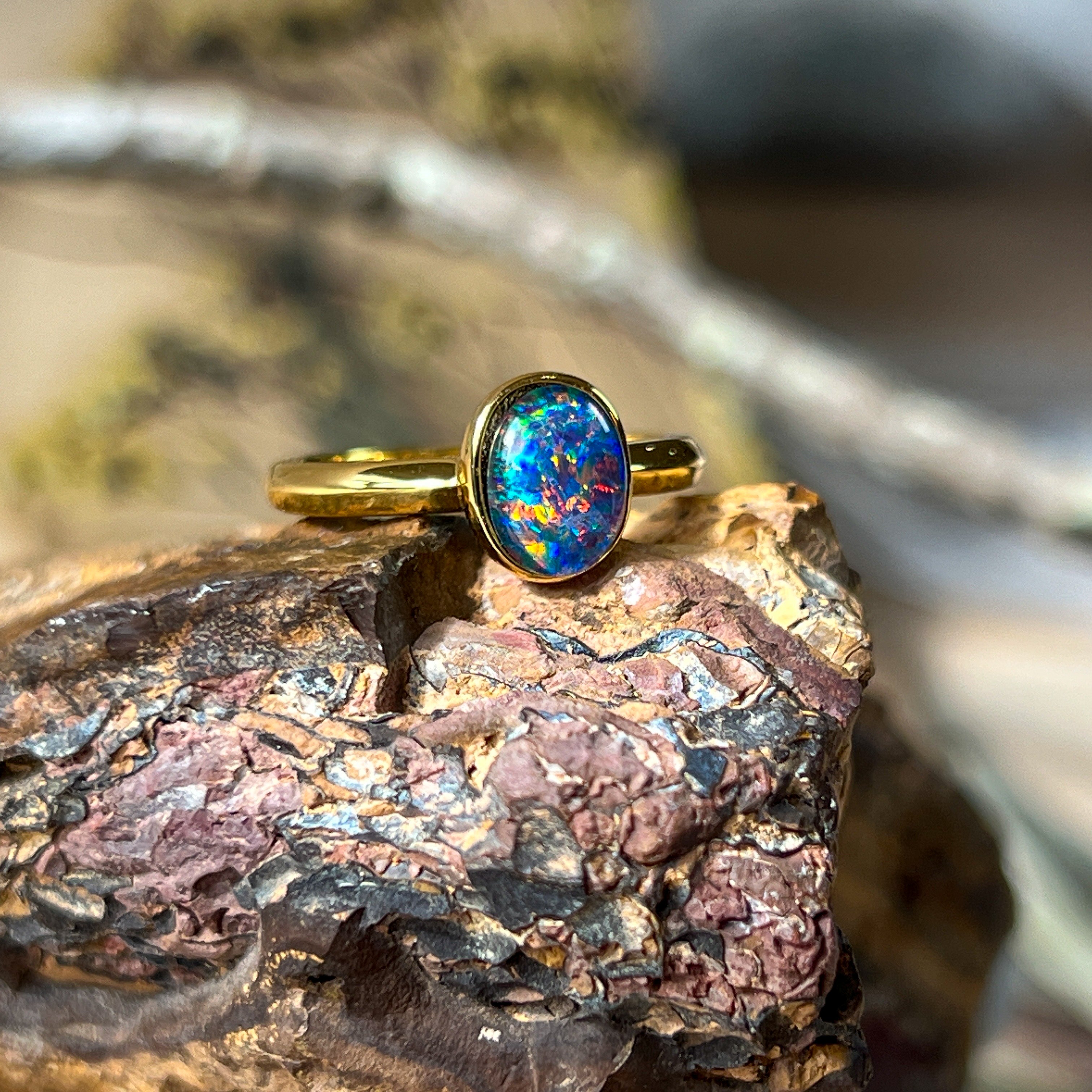 One Gold plated sterling silver 8x6mm Triplet Opal ring bezel set - Masterpiece Jewellery Opal & Gems Sydney Australia | Online Shop