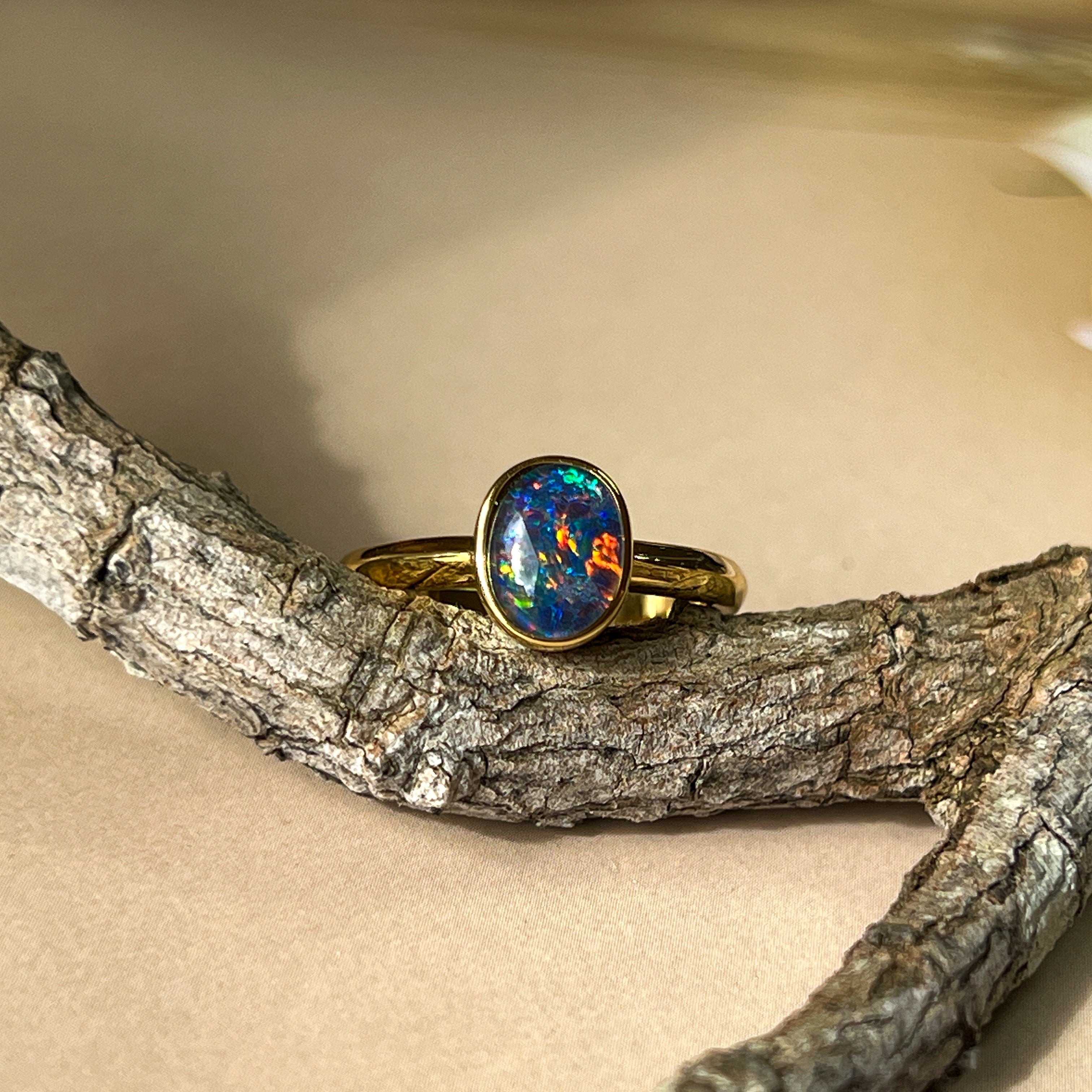 One Gold plated sterling silver 8x6mm Triplet Opal ring bezel set - Masterpiece Jewellery Opal & Gems Sydney Australia | Online Shop