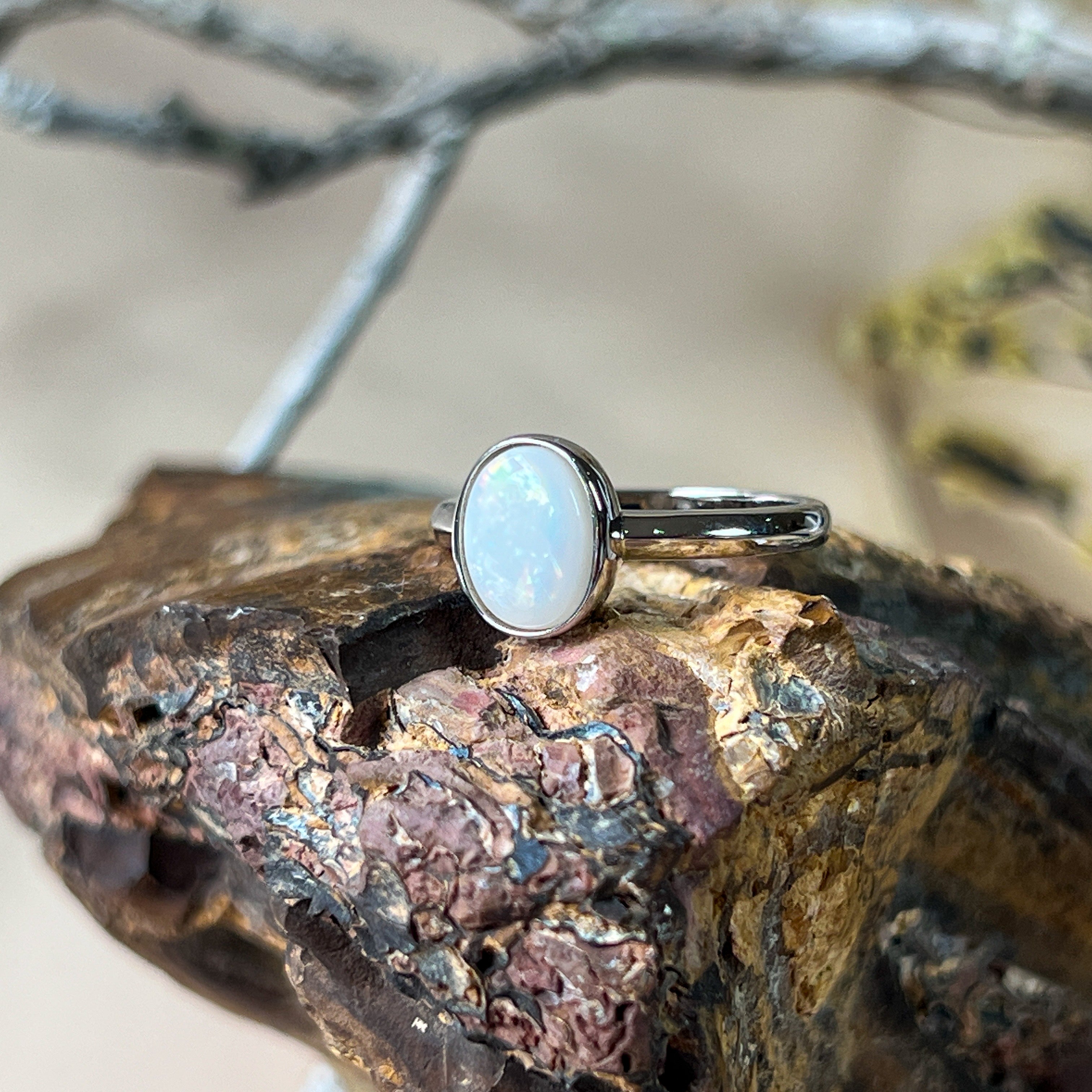 Sterling Silver 8x6mm White Opal ring bezel set solitaire - Masterpiece Jewellery Opal & Gems Sydney Australia | Online Shop