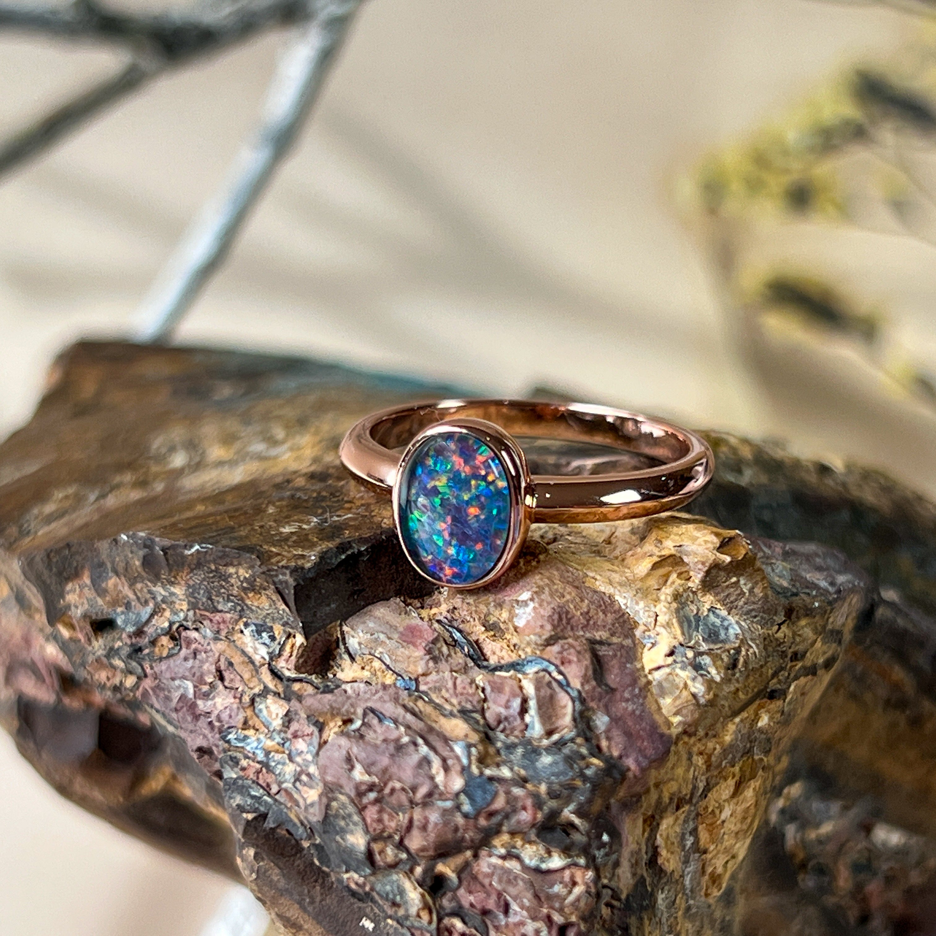 Rose Gold plated 8x6mm Triplet Opal ring bezel set - Masterpiece Jewellery Opal & Gems Sydney Australia | Online Shop