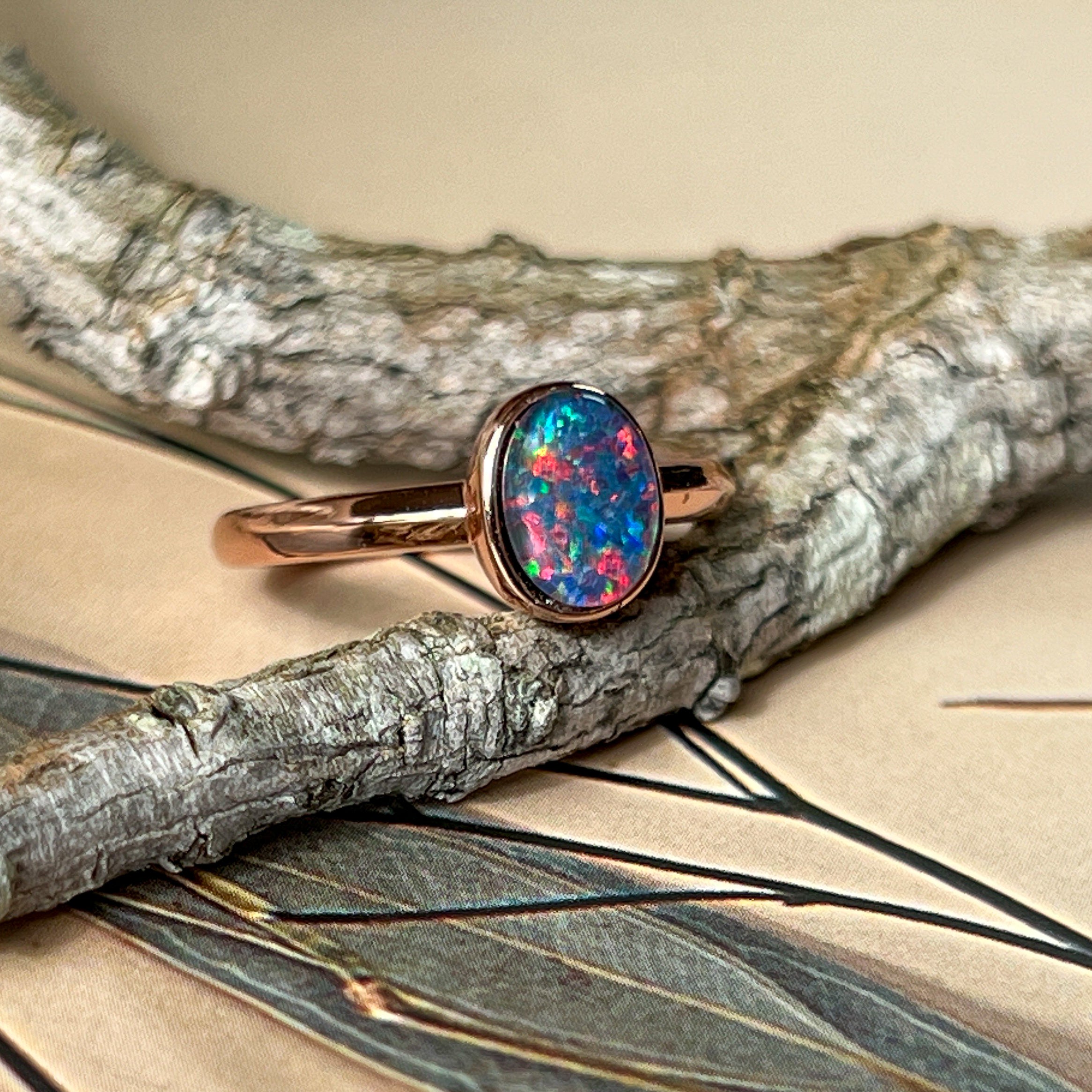 Rose Gold plated 8x6mm Triplet Opal ring bezel set - Masterpiece Jewellery Opal & Gems Sydney Australia | Online Shop