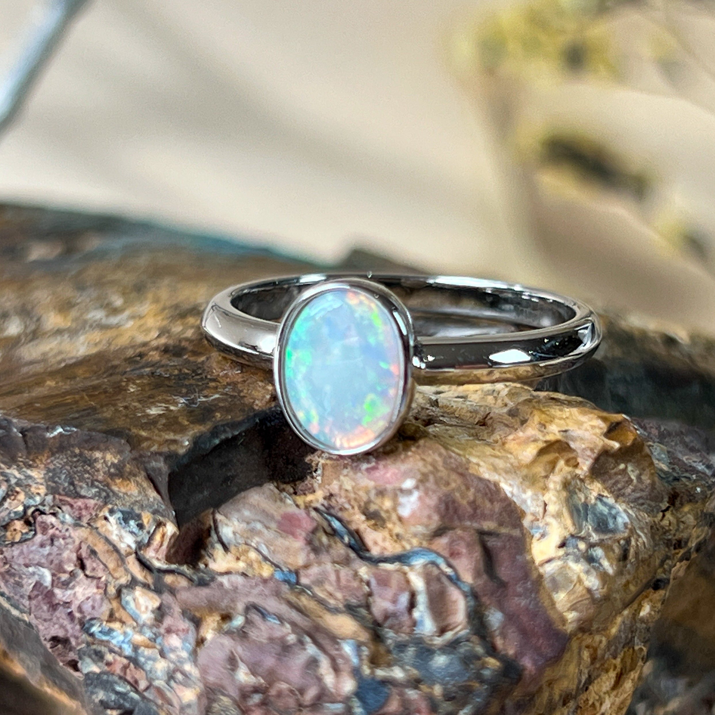 Sterling Silver Solitaire Ring - 10x8mm White Opal, Bezel Set, Minimalist Gemstone Jewelry, Ideal Gift for Her, Opal Ring - Masterpiece Jewellery Opal & Gems Sydney Australia | Online Shop