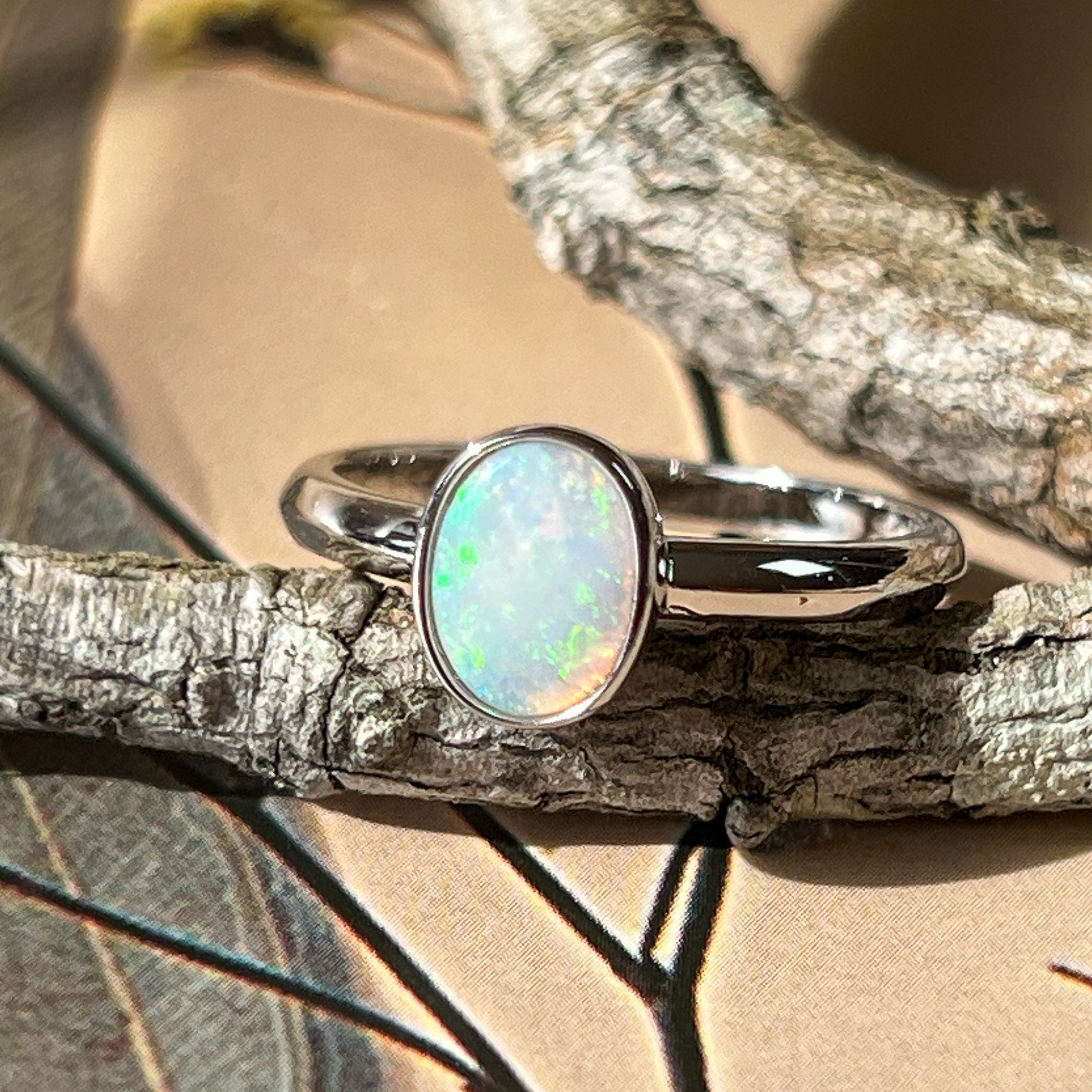 Sterling Silver Solitaire Ring - 10x8mm White Opal, Bezel Set, Minimalist Gemstone Jewelry, Ideal Gift for Her, Opal Ring - Masterpiece Jewellery Opal & Gems Sydney Australia | Online Shop