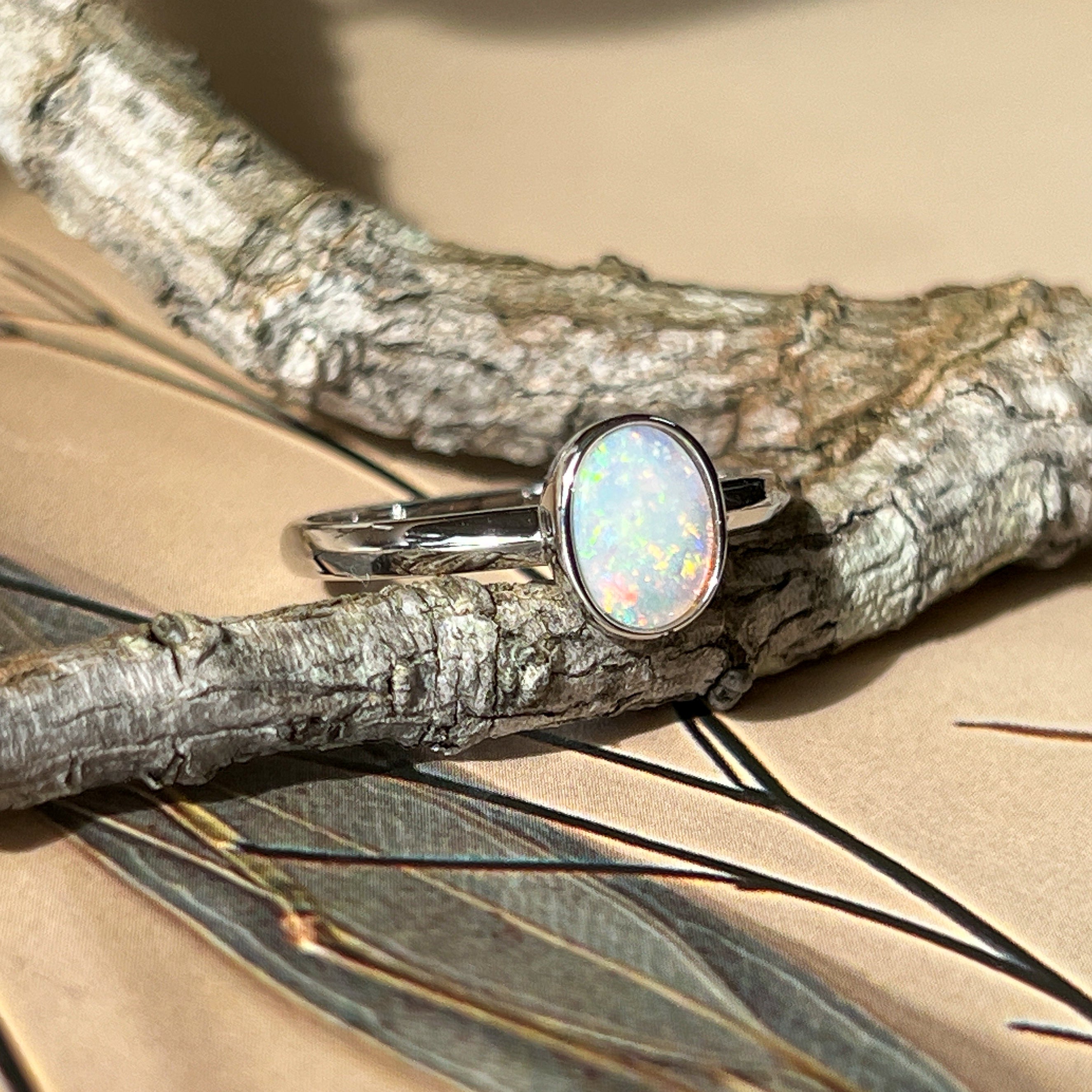 Sterling Silver Solitaire Ring - 10x8mm White Opal, Bezel Set, Minimalist Gemstone Jewelry, Ideal Gift for Her, Opal Ring - Masterpiece Jewellery Opal & Gems Sydney Australia | Online Shop