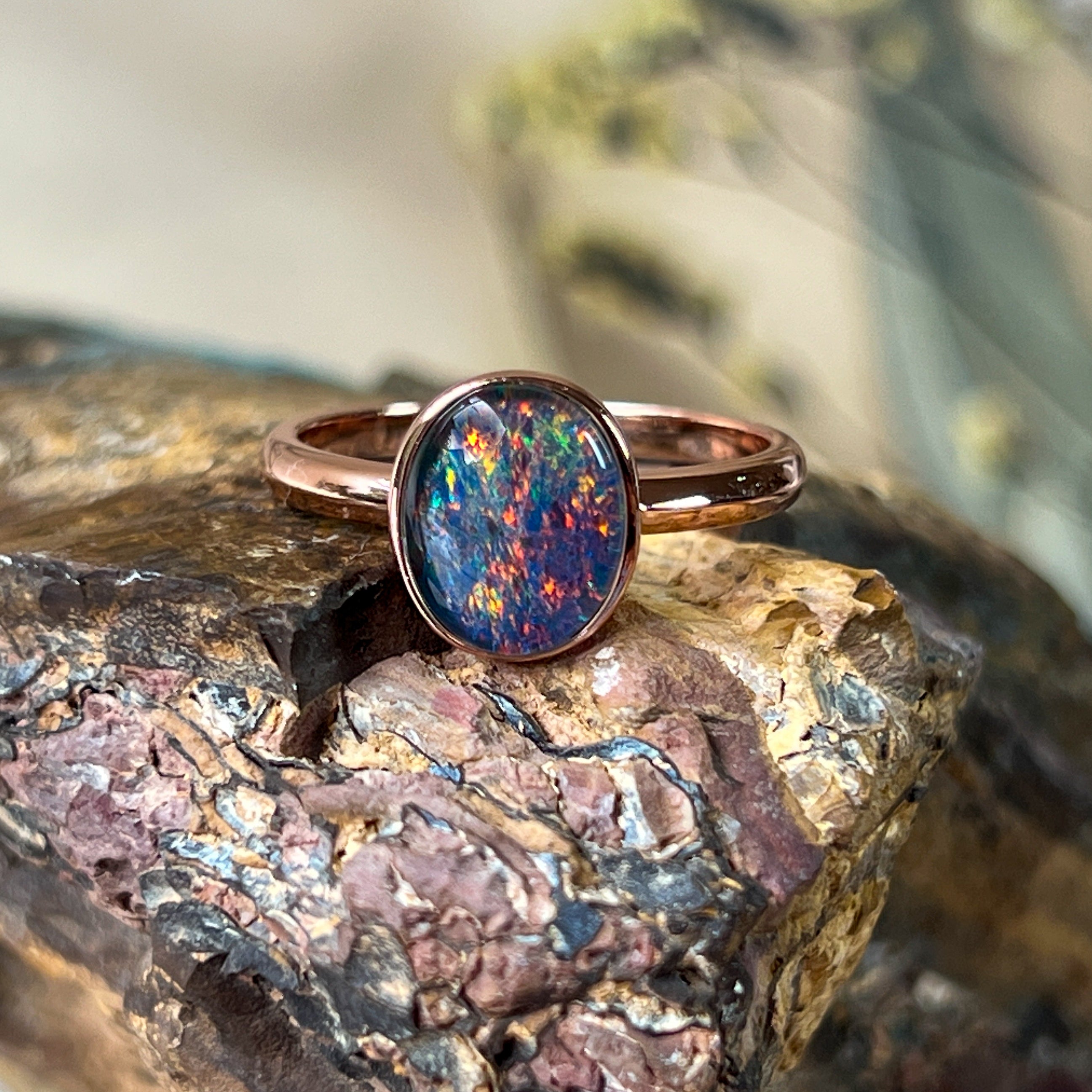 Rose Gold-Plated Sterling Silver Ring - 10x8mm Triplet Opal, Bezel Set, Minimalist Jewelry, Perfect Gift for Her, Opal Ring - Masterpiece Jewellery Opal & Gems Sydney Australia | Online Shop