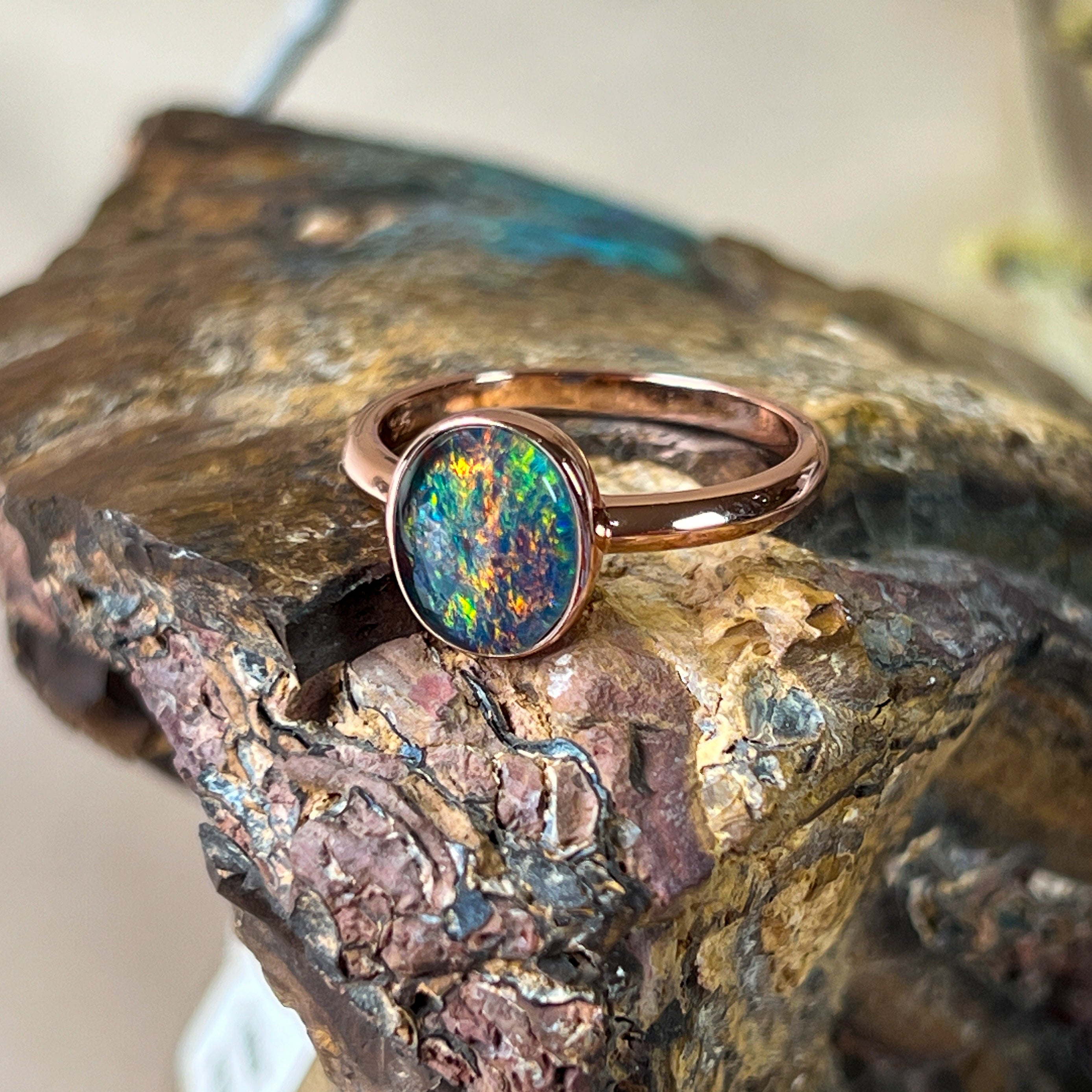Rose Gold-Plated Sterling Silver Ring - 10x8mm Triplet Opal, Bezel Set, Minimalist Jewelry, Perfect Gift for Her, Opal Ring - Masterpiece Jewellery Opal & Gems Sydney Australia | Online Shop