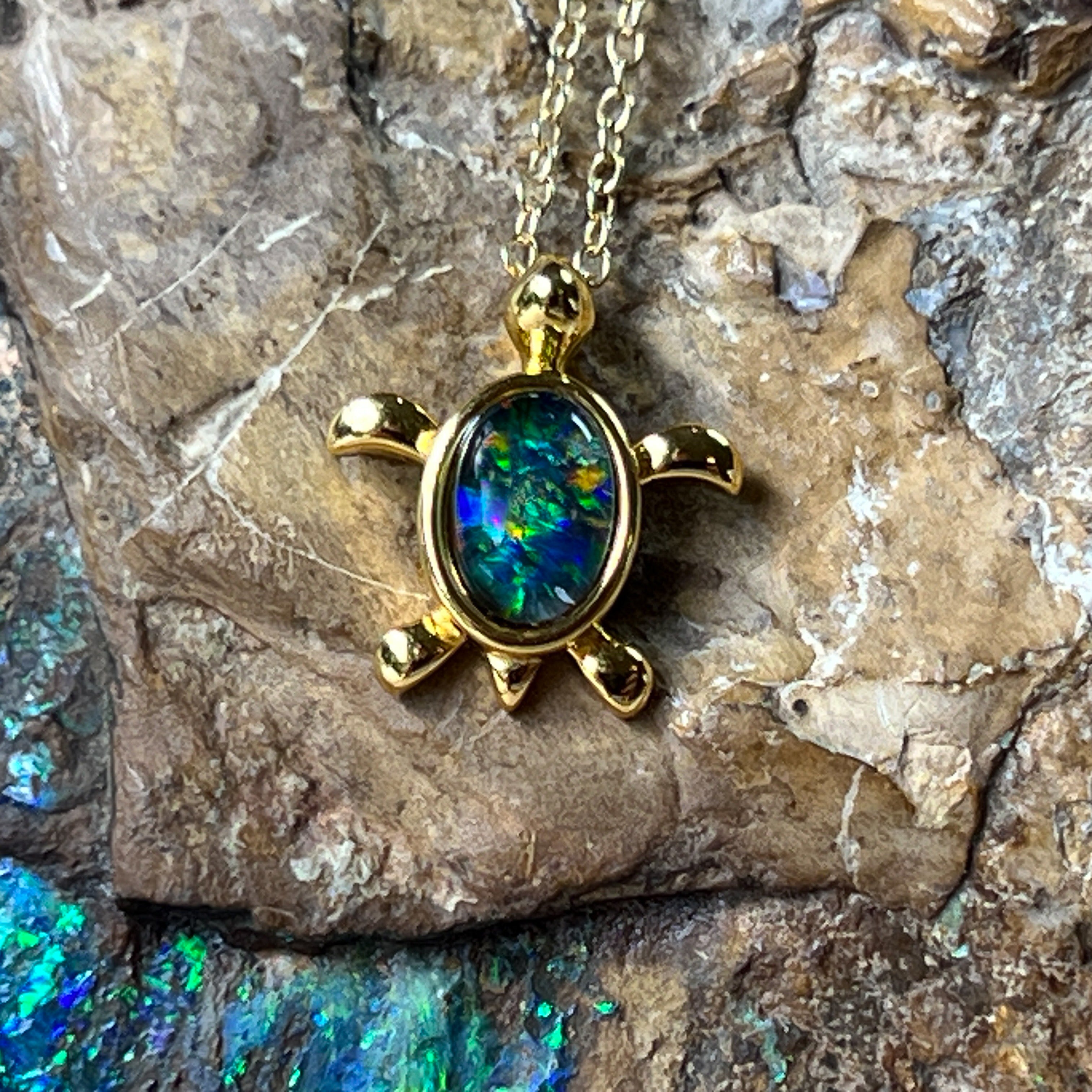 Gold plated sterling silver 7x5mm triplet Opal turtle pendant - Masterpiece Jewellery Opal & Gems Sydney Australia | Online Shop