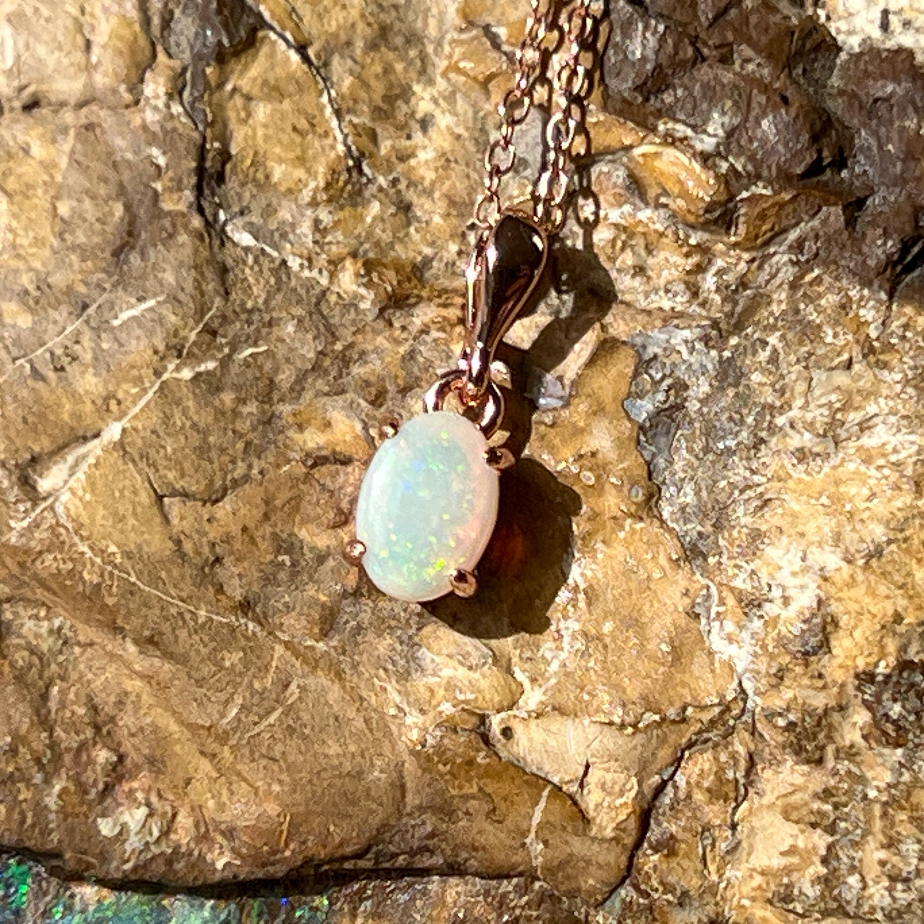 Rose Gold plated sterling silver 7x5mm White Opal necklace pendant - Masterpiece Jewellery Opal & Gems Sydney Australia | Online Shop