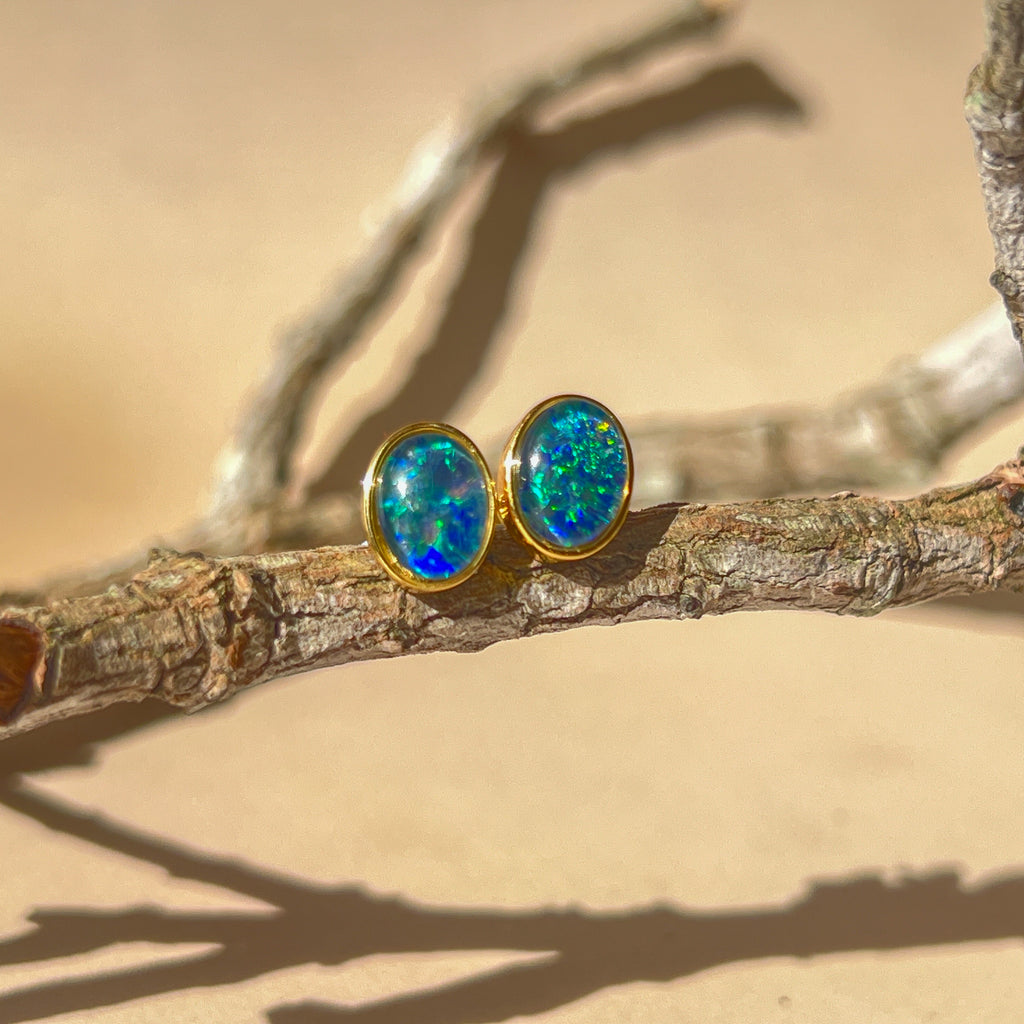Silver Gold plated 8X6mm Opal Triplet studs - Masterpiece Jewellery Opal & Gems Sydney Australia | Online Shop