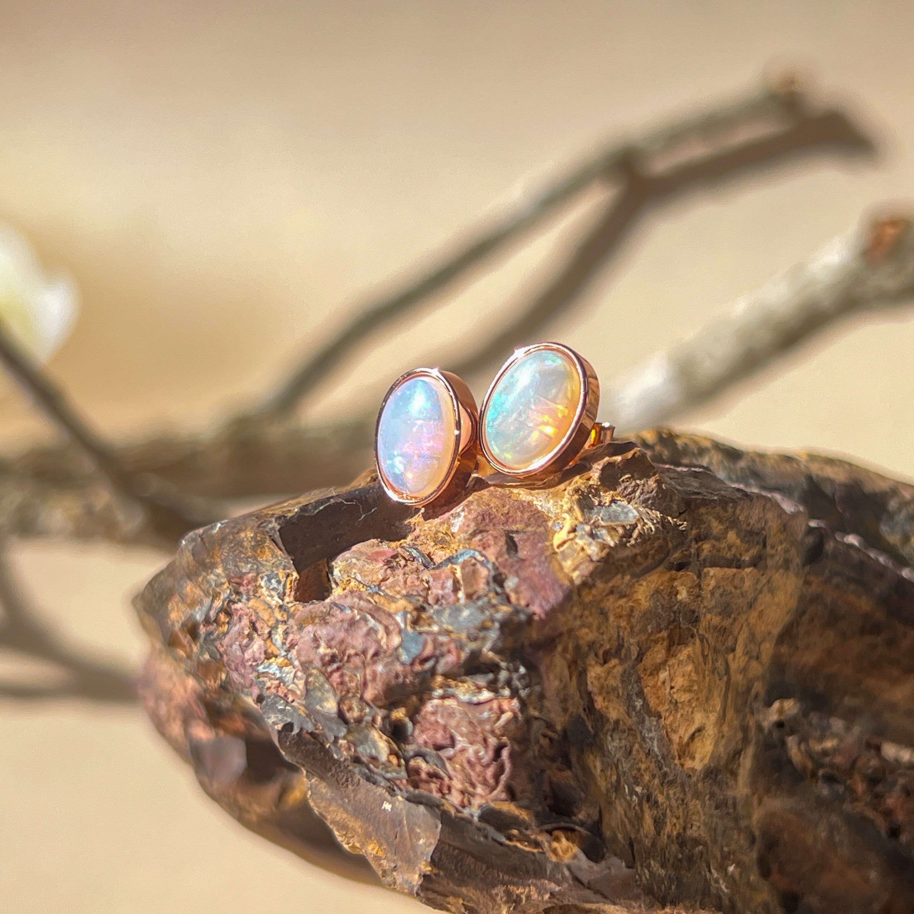 Rose Gold plated 8x6mm White Opal earrings studs bezel set - Masterpiece Jewellery Opal & Gems Sydney Australia | Online Shop