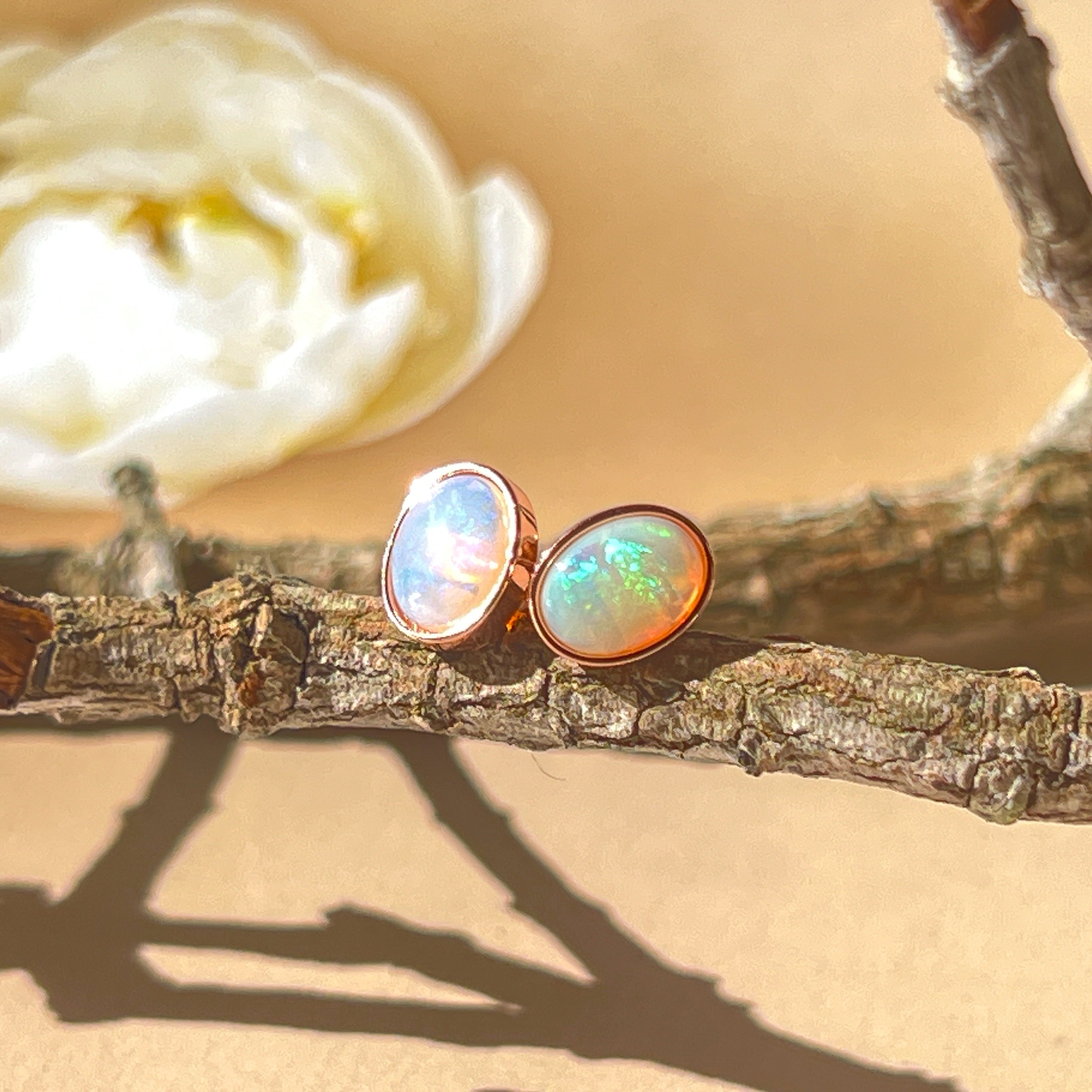 Rose Gold plated 8x6mm White Opal earrings studs bezel set - Masterpiece Jewellery Opal & Gems Sydney Australia | Online Shop