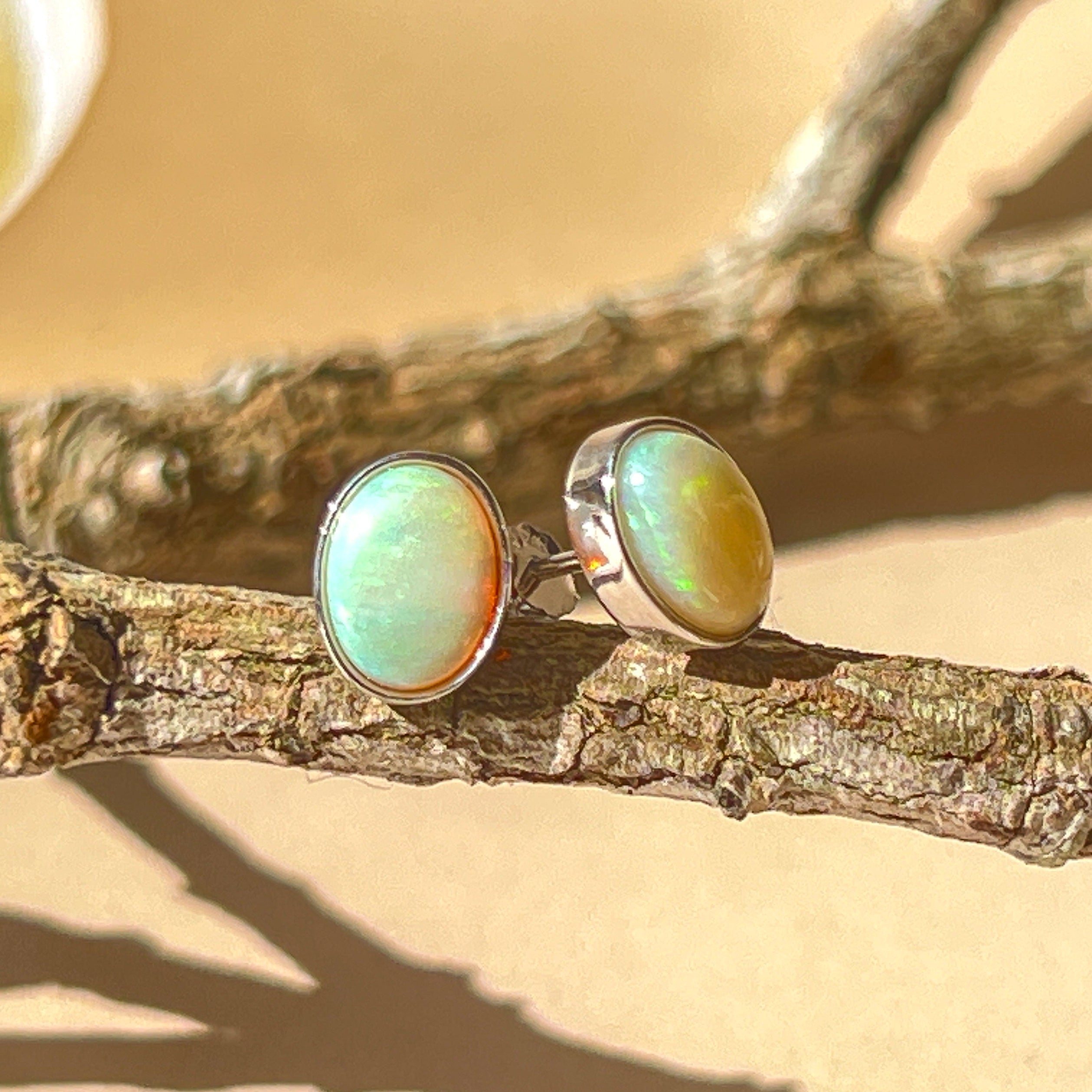Sterling Silver 8x6mm White Opal earrings bezel set studs - Masterpiece Jewellery Opal & Gems Sydney Australia | Online Shop