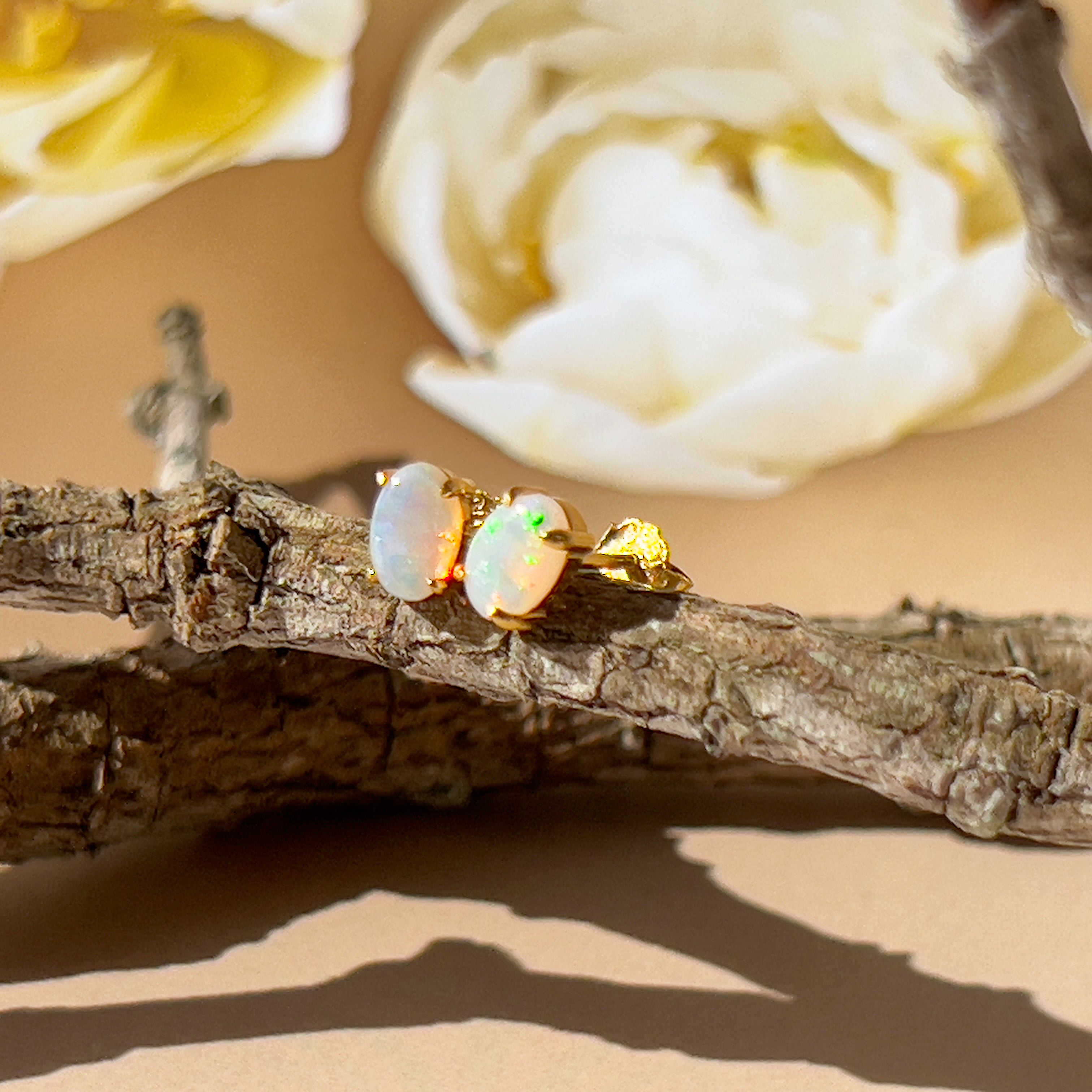 Gold Plated Sterling Silver 6x4mm White Opal studs claw pair - Masterpiece Jewellery Opal & Gems Sydney Australia | Online Shop