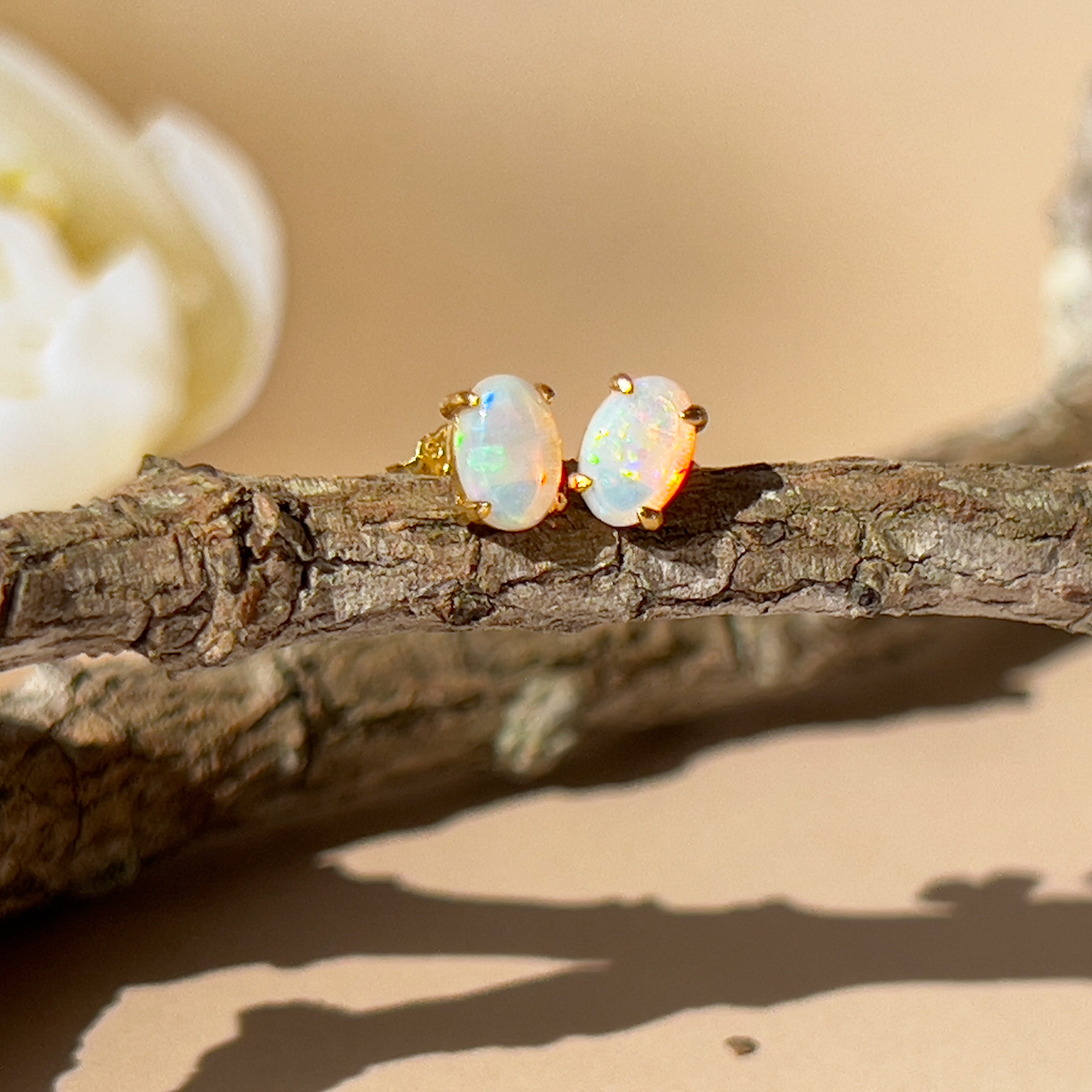 Gold Plated Sterling Silver 6x4mm White Opal studs claw pair - Masterpiece Jewellery Opal & Gems Sydney Australia | Online Shop
