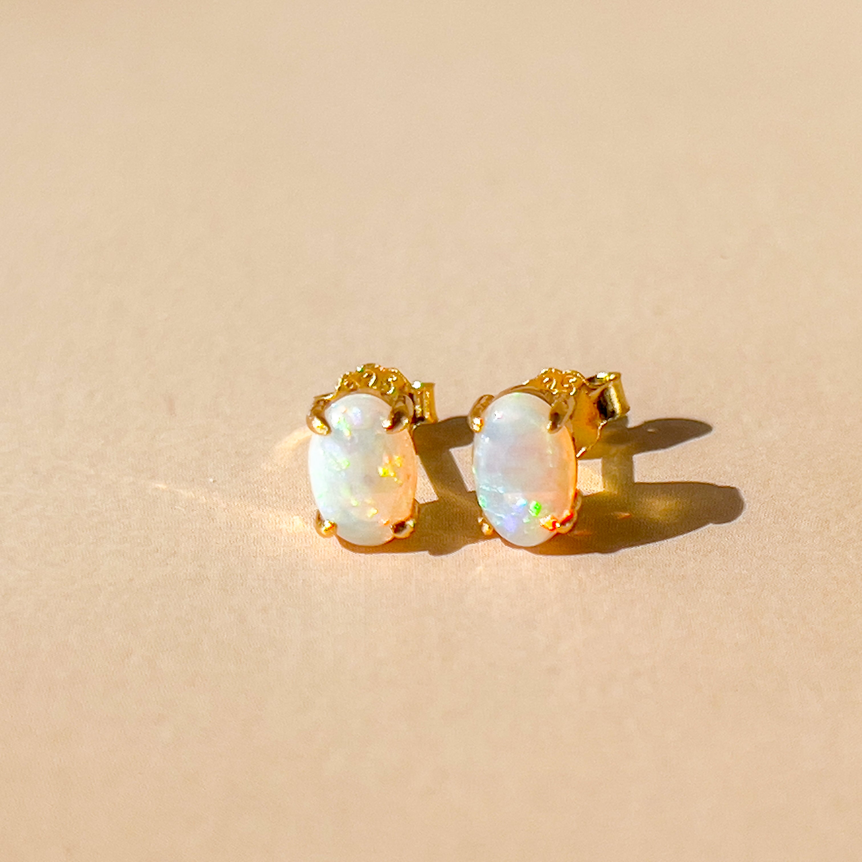 Gold Plated Sterling Silver 6x4mm White Opal studs claw pair - Masterpiece Jewellery Opal & Gems Sydney Australia | Online Shop
