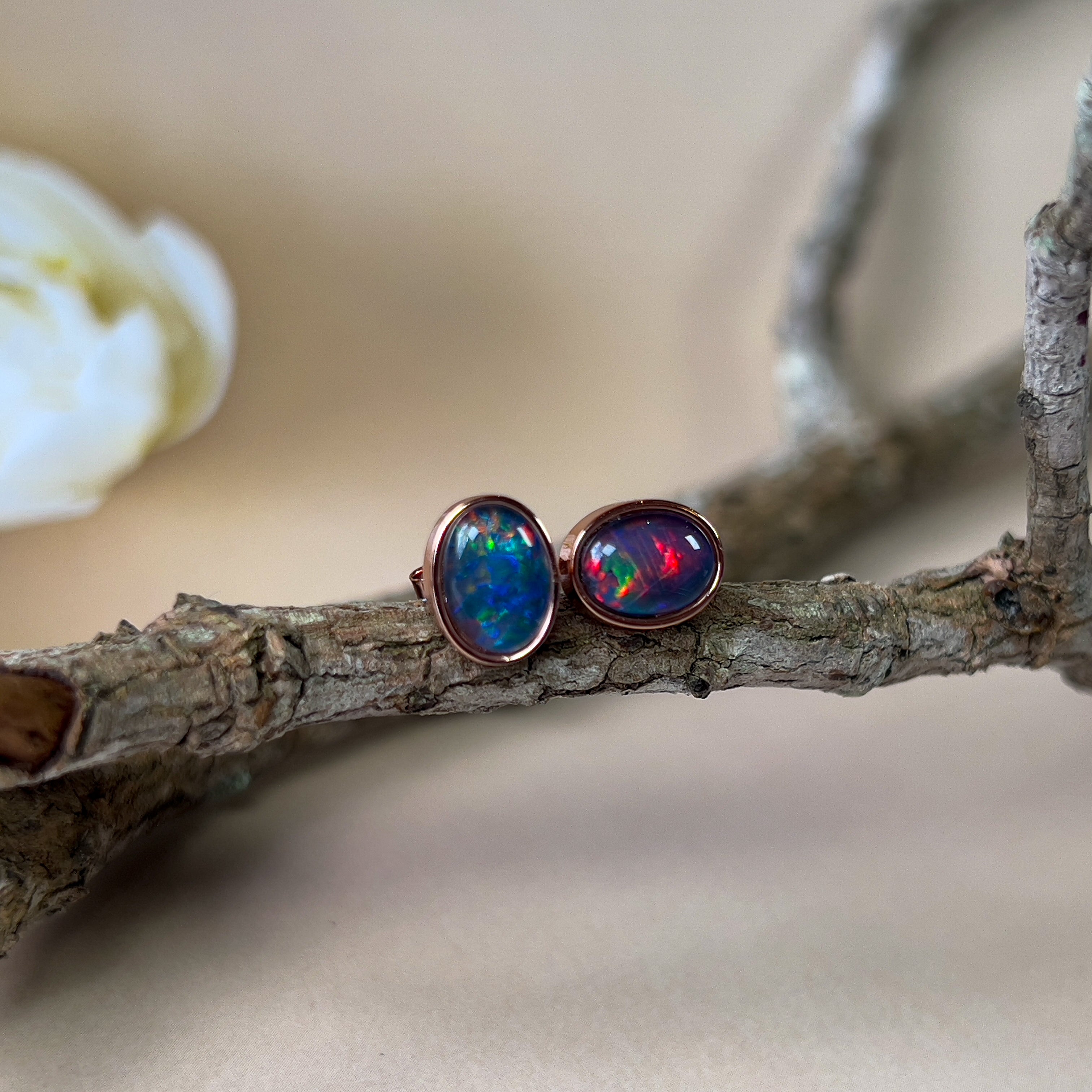 Pair of Rose Gold plated sterling silver 8x6mm Triplet Opal earrings bezel set - Masterpiece Jewellery Opal & Gems Sydney Australia | Online Shop
