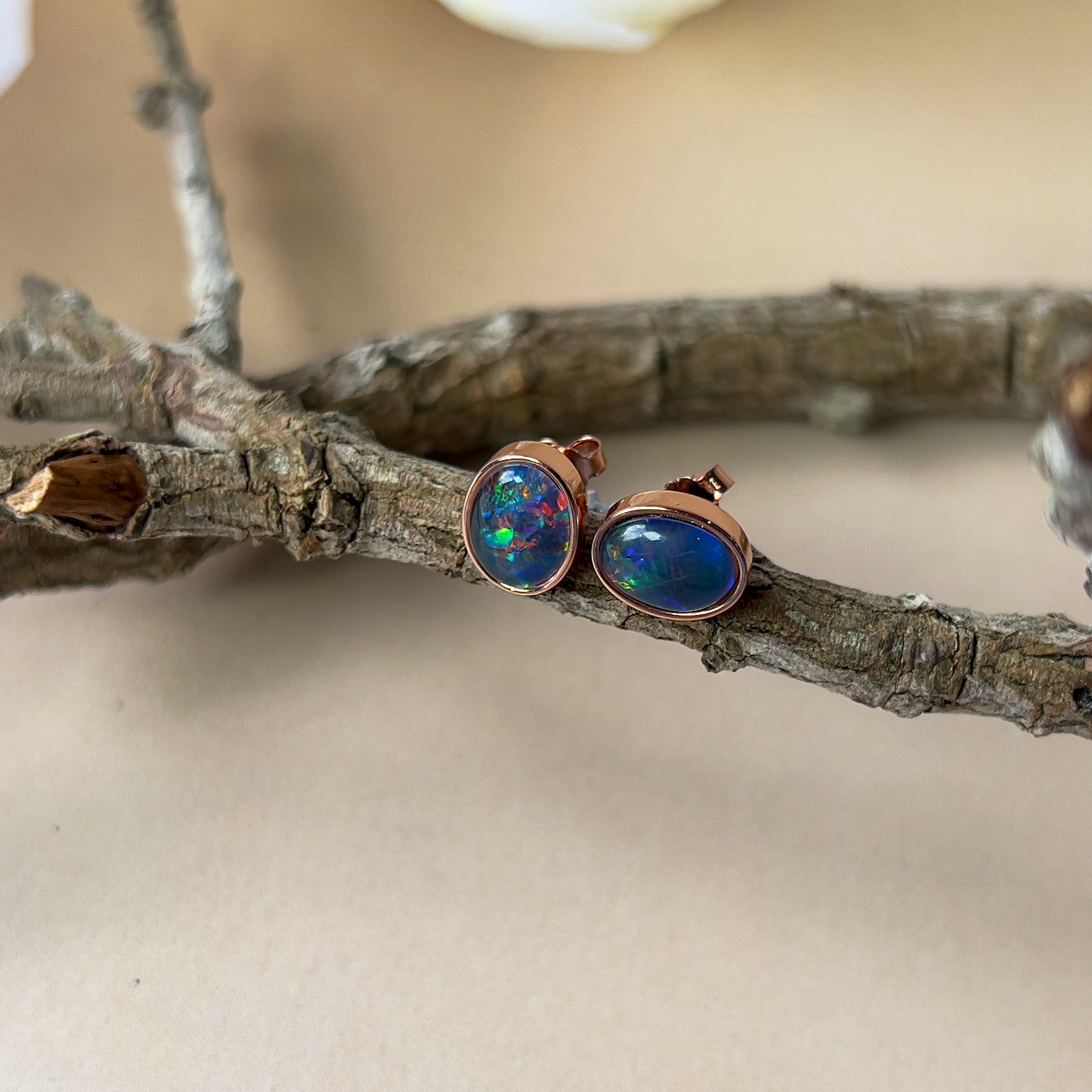Pair of Rose Gold plated sterling silver 8x6mm Triplet Opal earrings bezel set - Masterpiece Jewellery Opal & Gems Sydney Australia | Online Shop