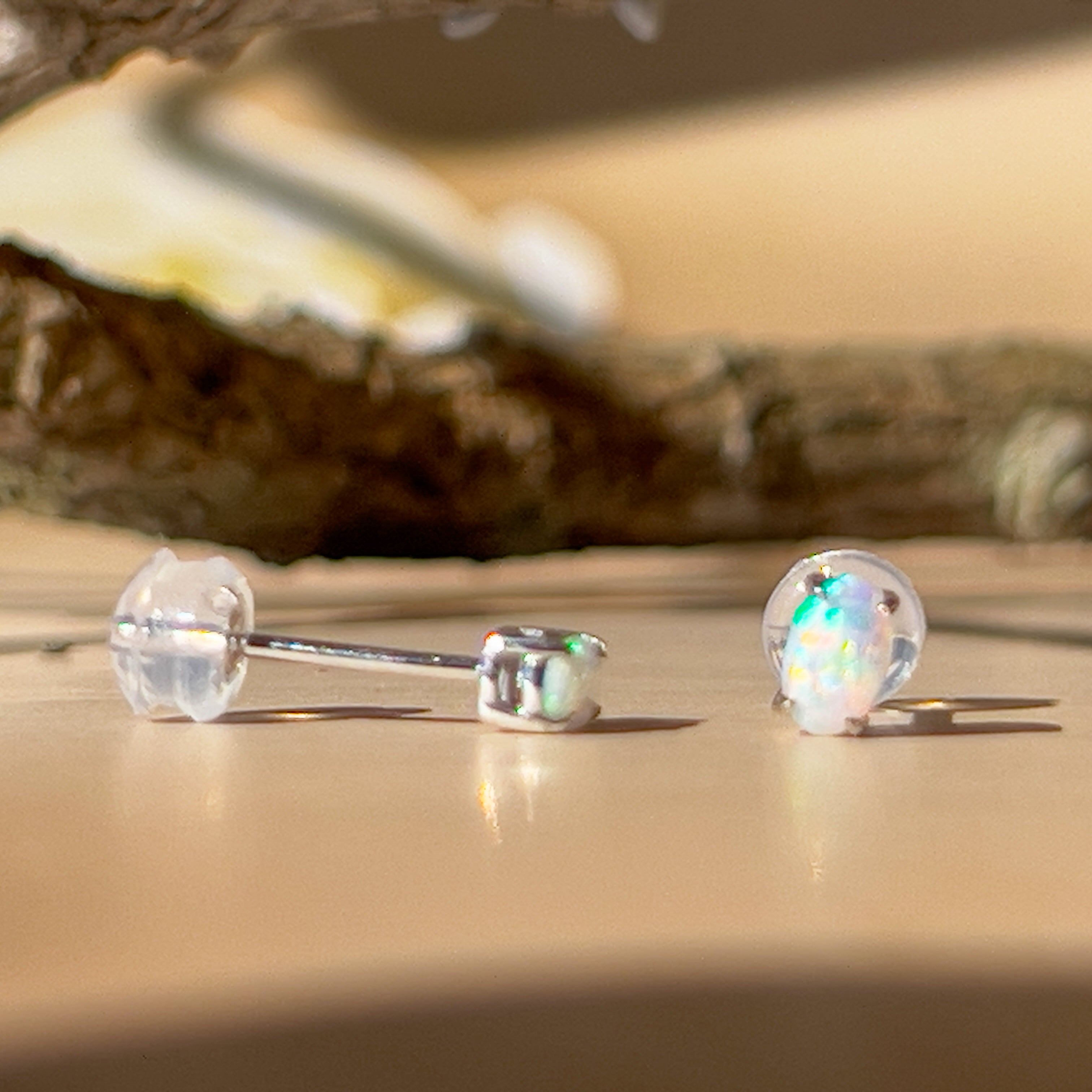 9Kt White Gold Crystal Opal Earrings - 5x3mm 4-Claw Studs, Elegant Opal Jewelry, Perfect Gift for Her, Luxury Gold Stud Earrings - Masterpiece Jewellery Opal & Gems Sydney Australia | Online Shop