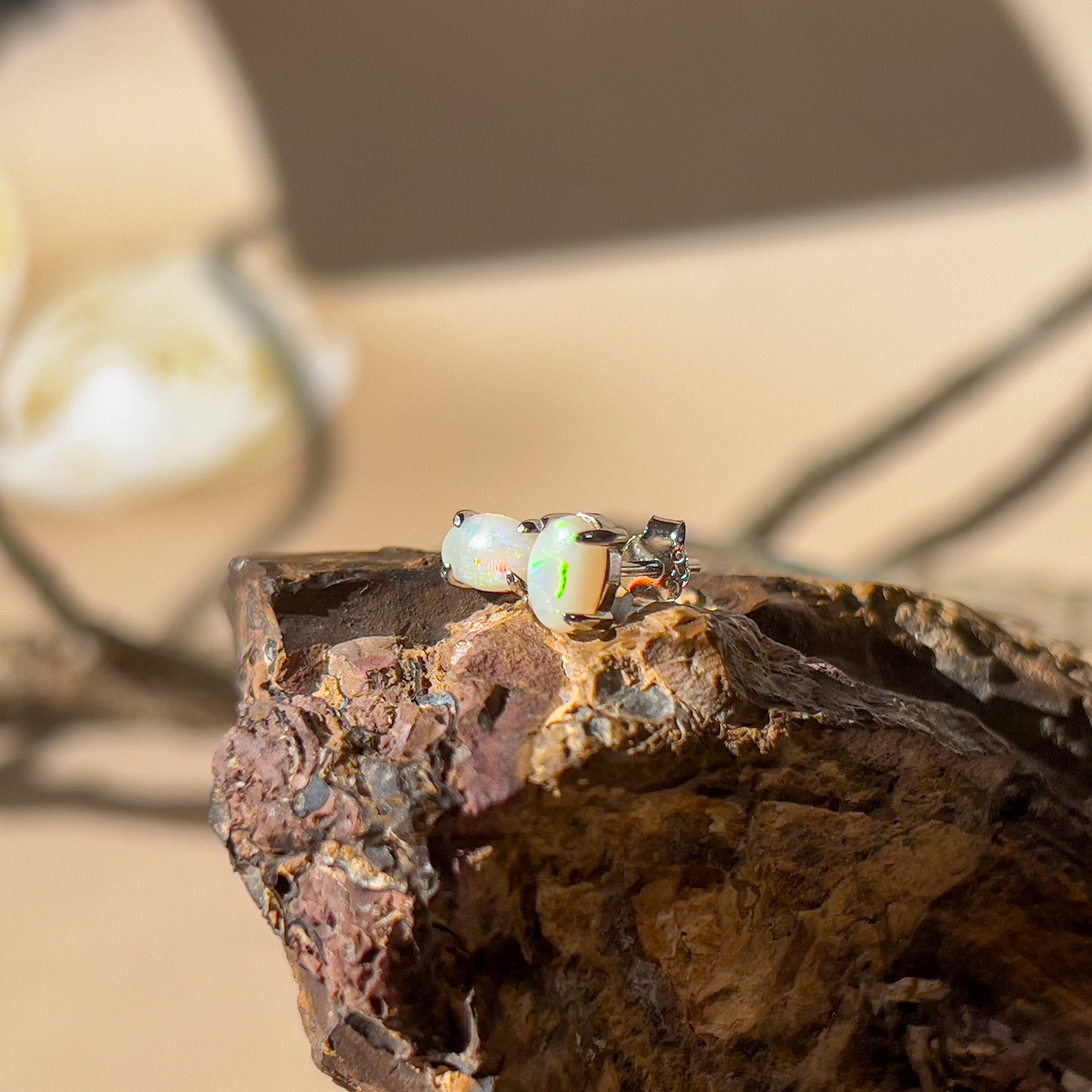 Pair of Sterling Silver 6x4mm White Opal earrings studs claw set - Masterpiece Jewellery Opal & Gems Sydney Australia | Online Shop