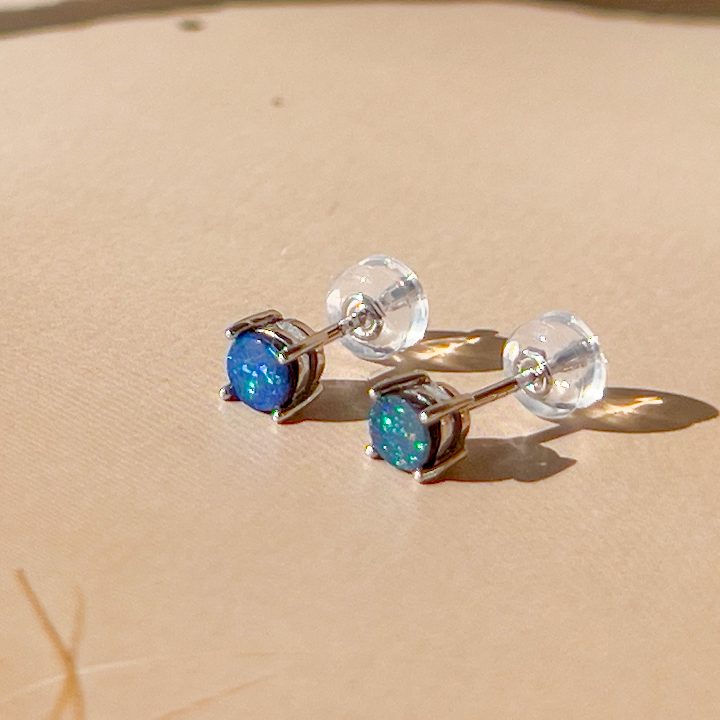9kt White Gold pair of 4mm Doublet Opal earrings 4 claw studs - Masterpiece Jewellery Opal & Gems Sydney Australia | Online Shop