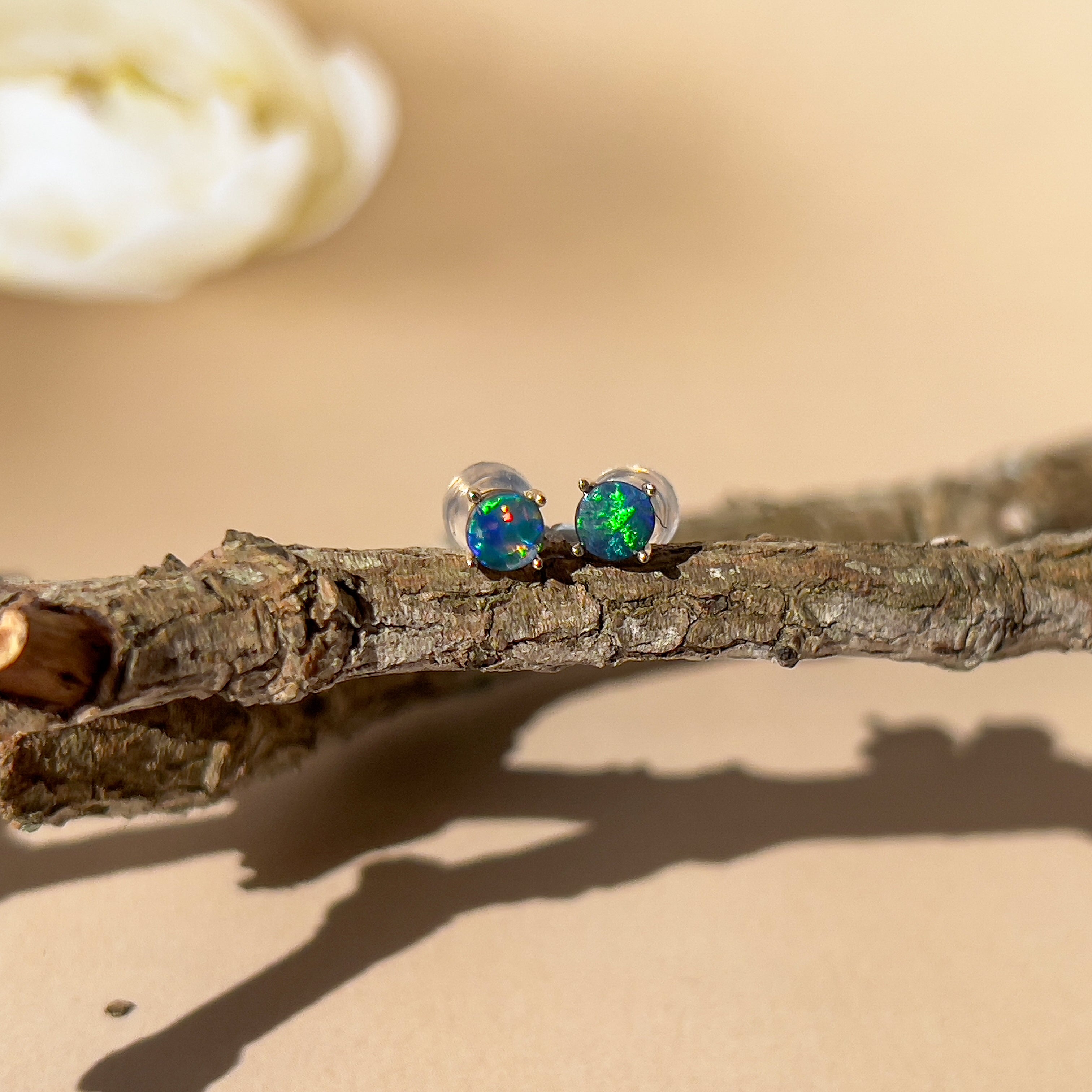 9kt Yellow Gold pair of 4mm doublet Opal earrings studs claw set - Masterpiece Jewellery Opal & Gems Sydney Australia | Online Shop