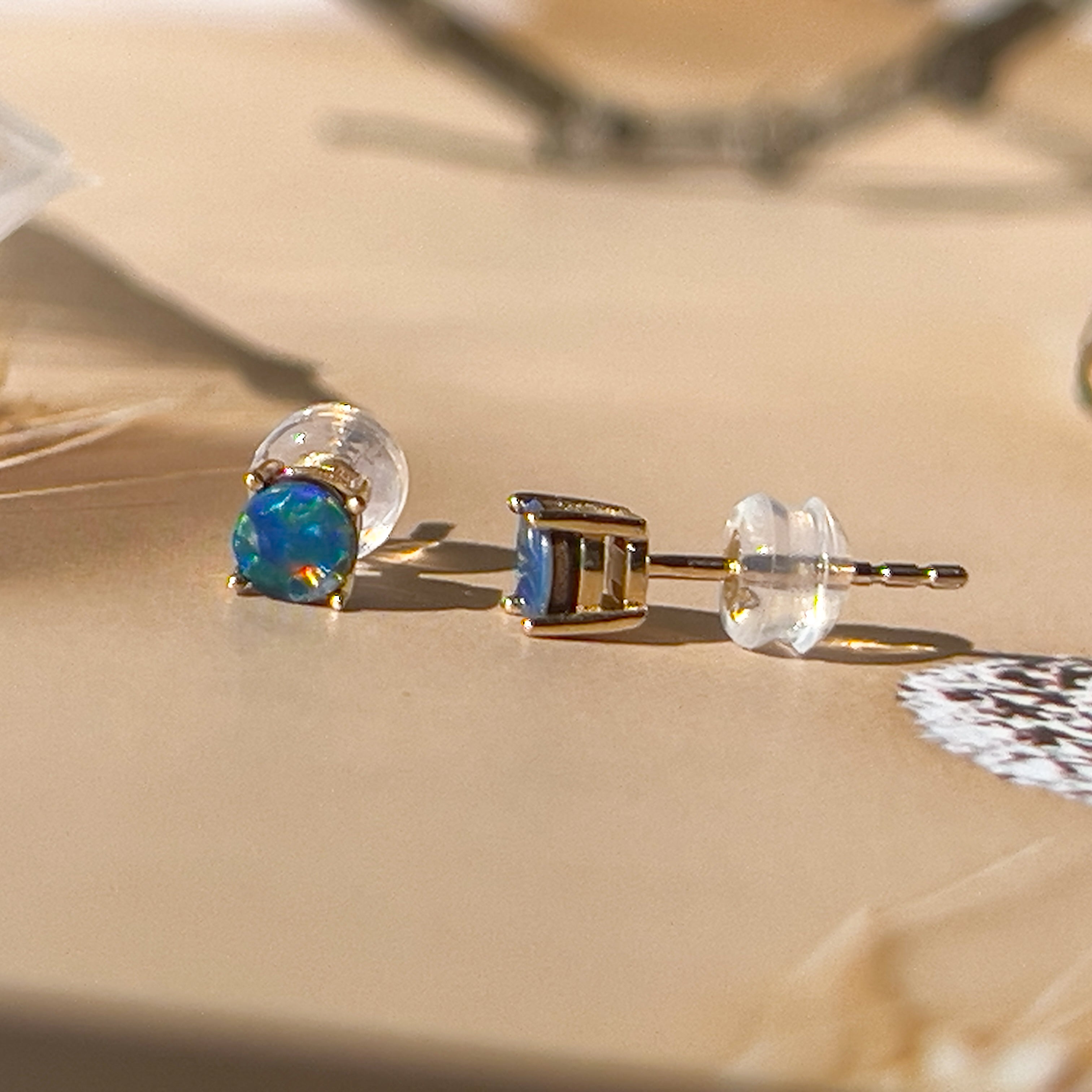 9kt Yellow Gold pair of 4mm doublet Opal earrings studs claw set - Masterpiece Jewellery Opal & Gems Sydney Australia | Online Shop