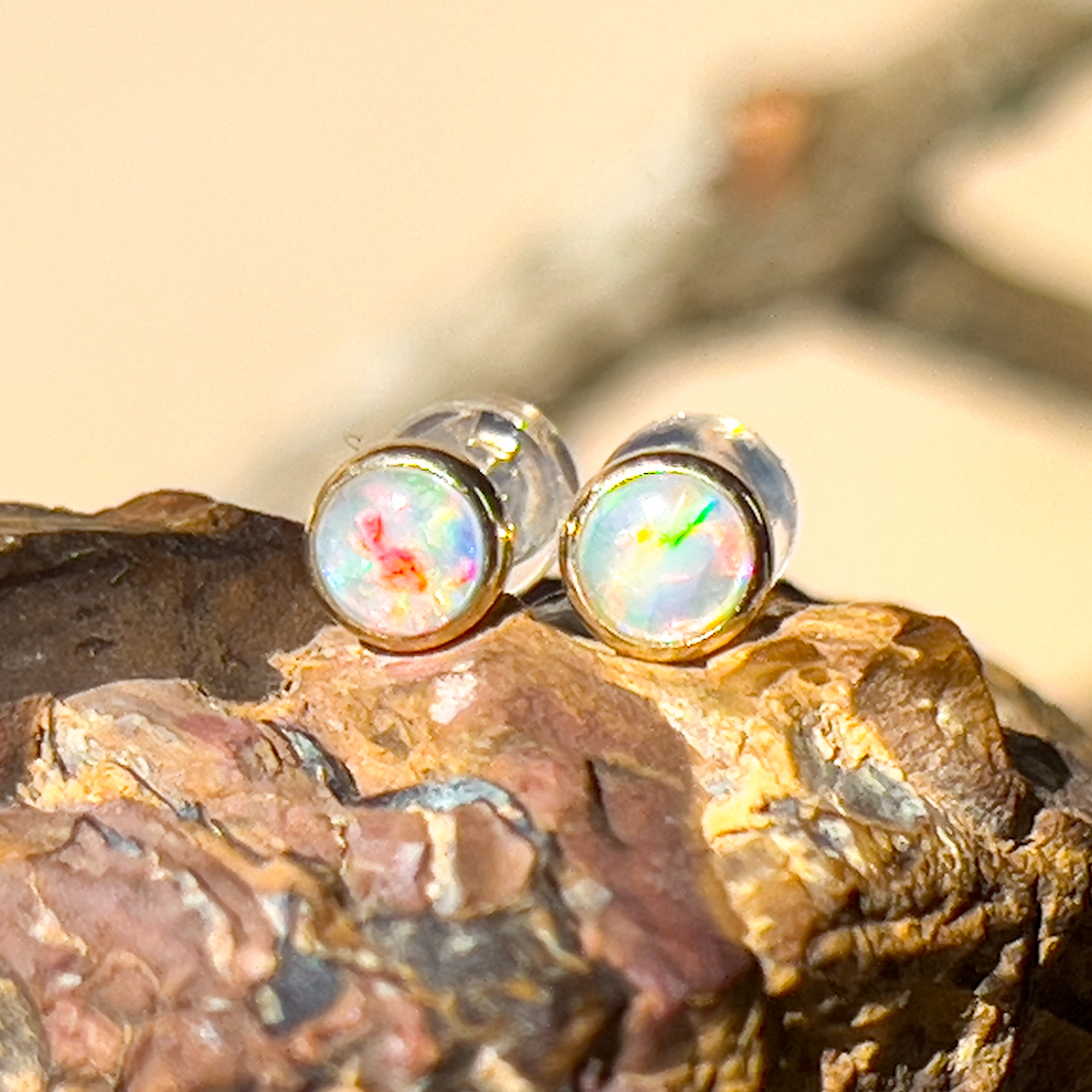 9kt Yellow Gold 3.5mm Crystal Opal earrings bezel studs - Masterpiece Jewellery Opal & Gems Sydney Australia | Online Shop