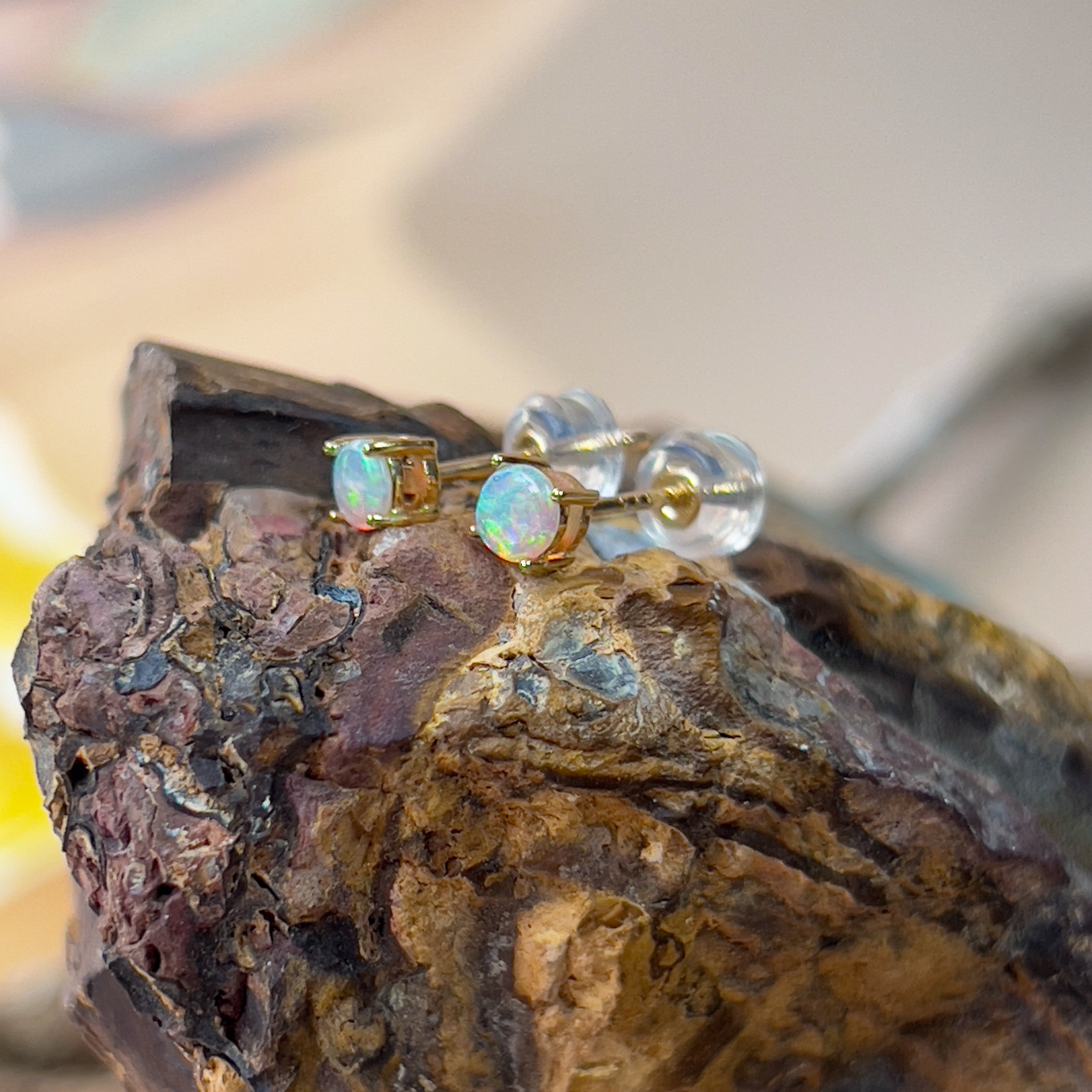 9kt Yellow Gold pair of 3.5mm Crystal Opal earrings studs - Masterpiece Jewellery Opal & Gems Sydney Australia | Online Shop