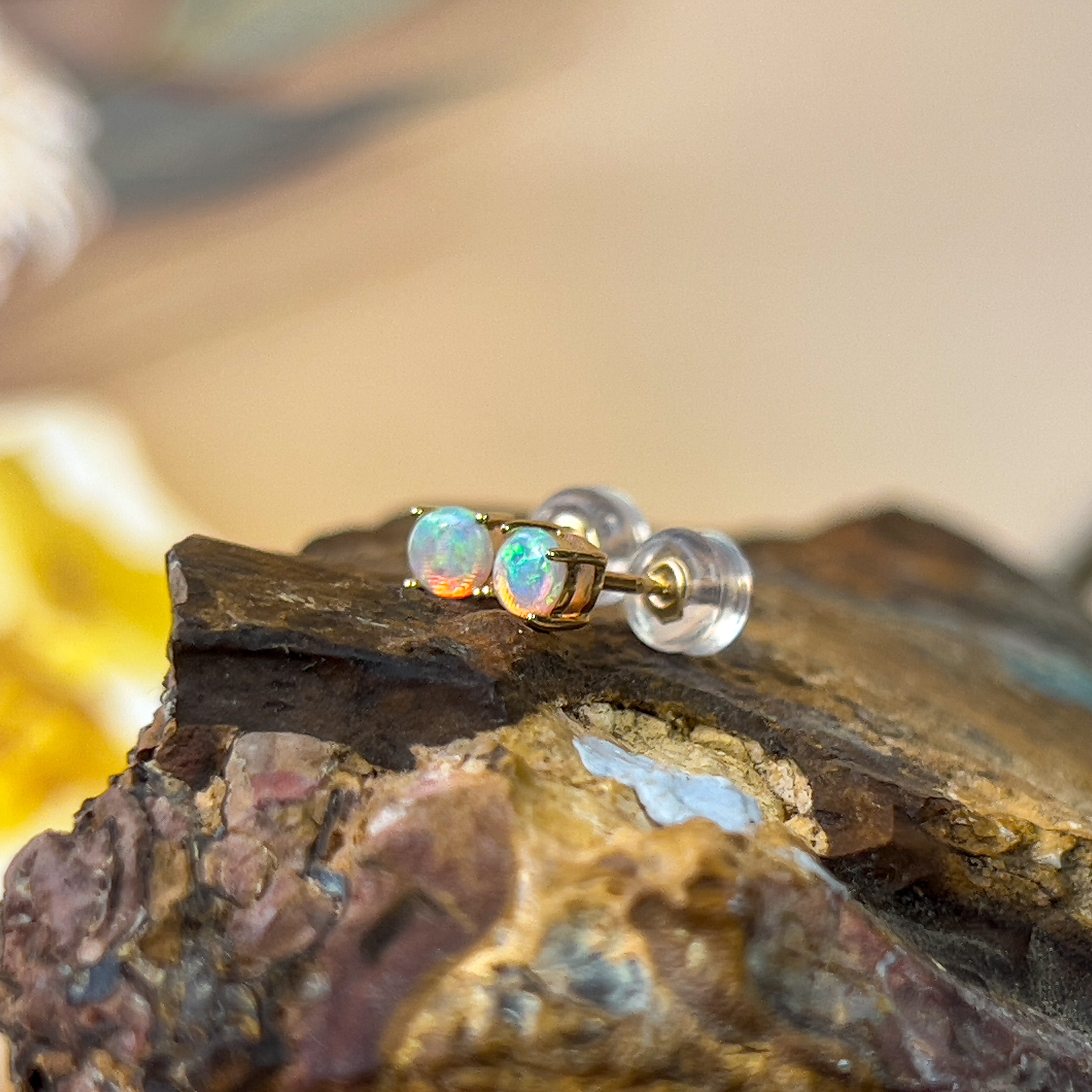 9kt Yellow Gold pair of 3.5mm Crystal Opal earrings studs - Masterpiece Jewellery Opal & Gems Sydney Australia | Online Shop