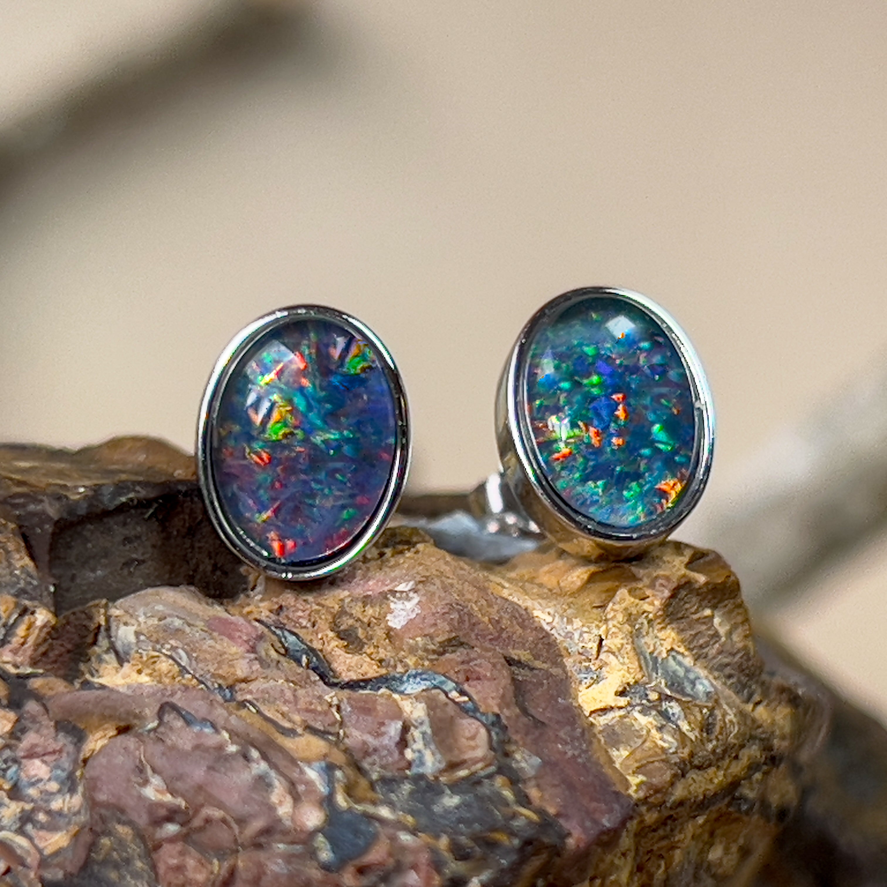 Sterling Silver Opal Triplet studs 10x8mm - Masterpiece Jewellery Opal & Gems Sydney Australia | Online Shop
