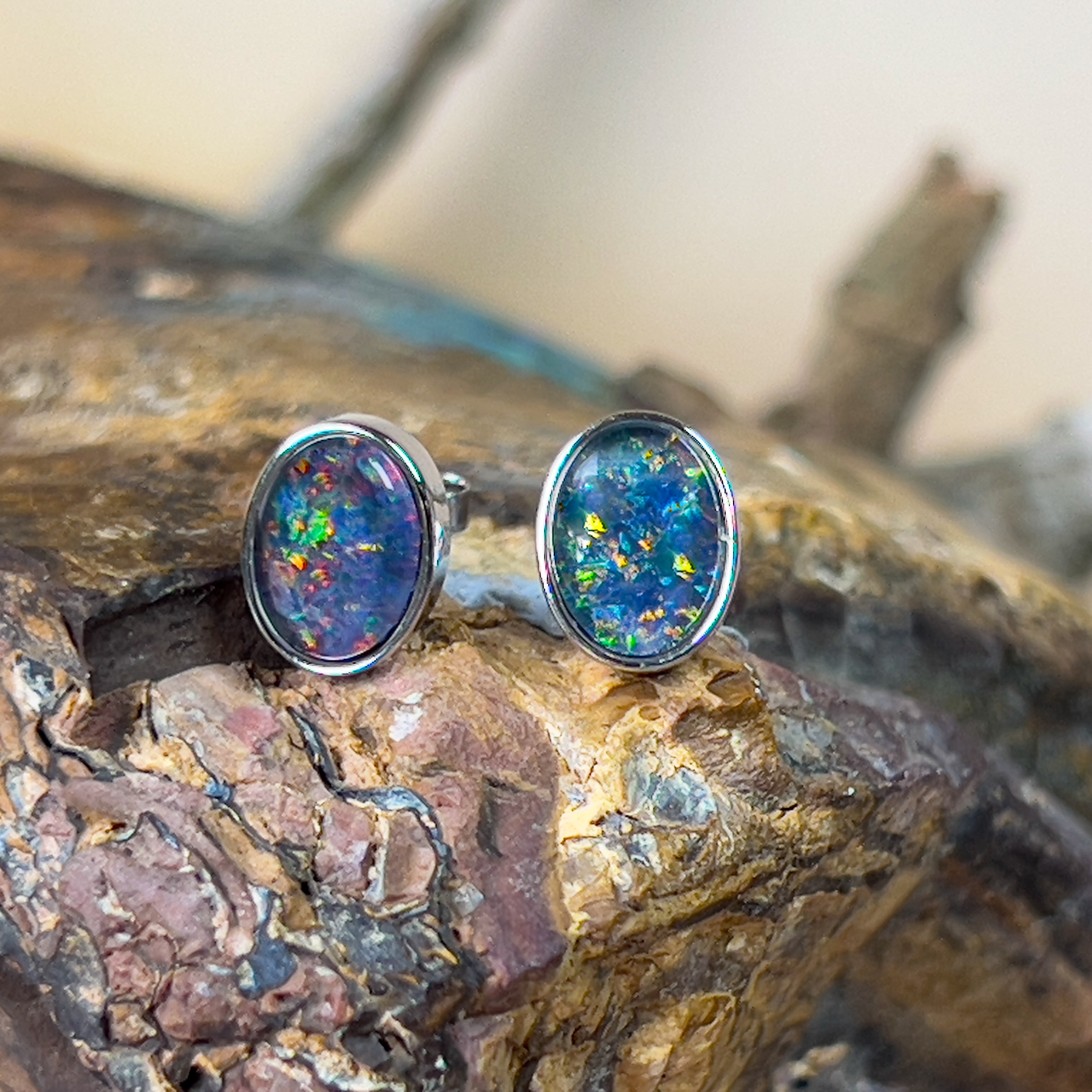 Sterling Silver Opal Triplet studs 10x8mm - Masterpiece Jewellery Opal & Gems Sydney Australia | Online Shop