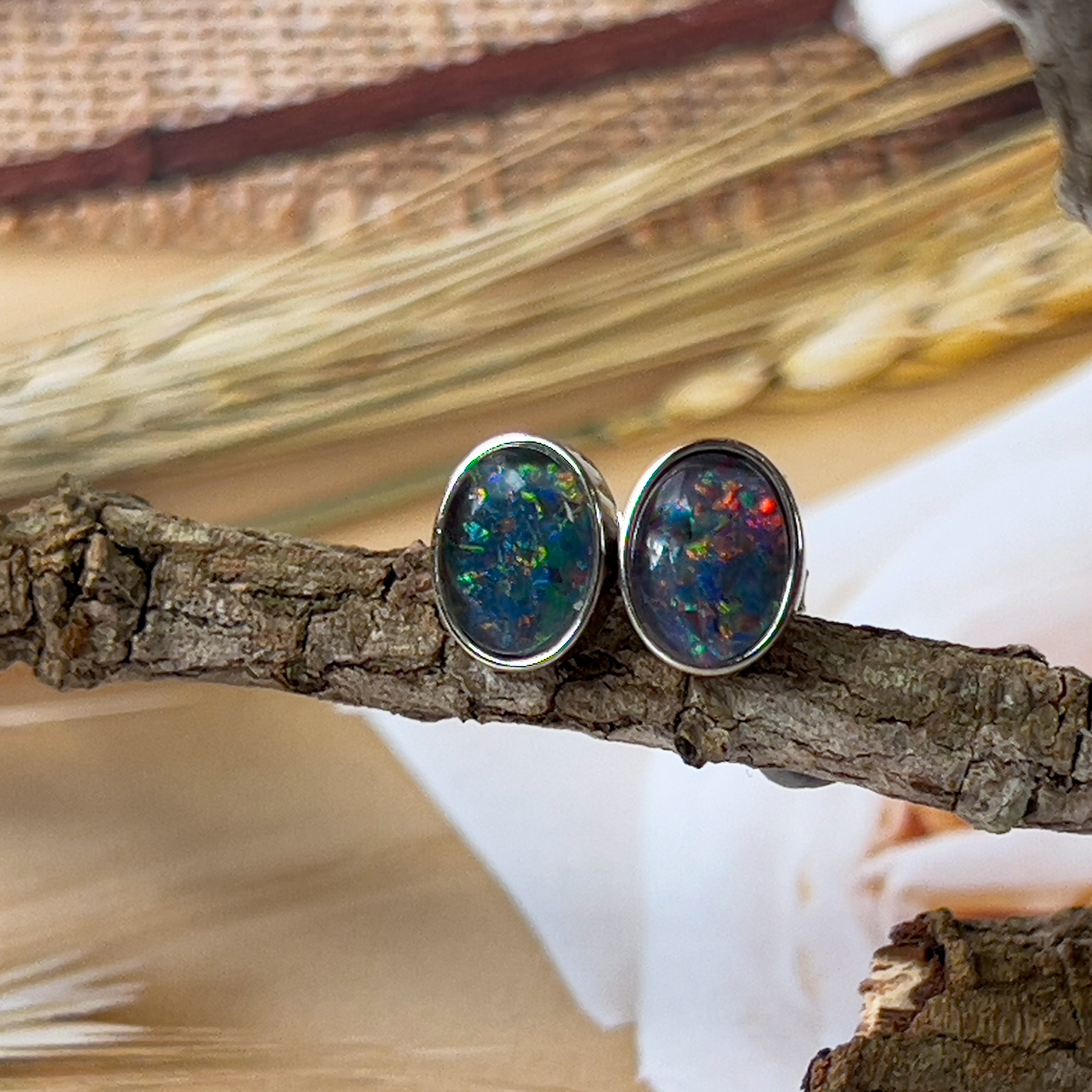 Sterling Silver Opal Triplet studs 10x8mm - Masterpiece Jewellery Opal & Gems Sydney Australia | Online Shop