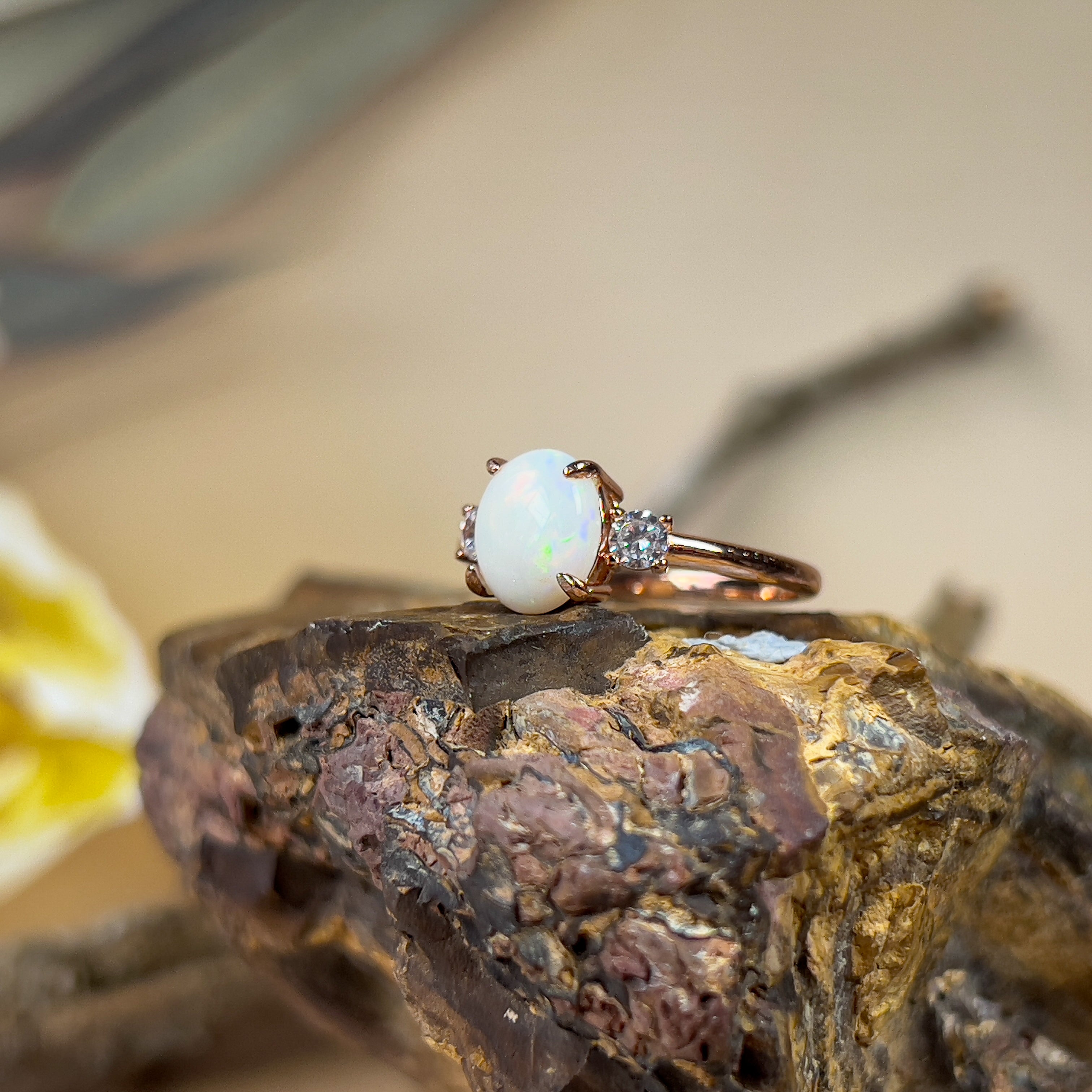 Silver rose gold plated 9x7mm White Opal trilogy ring - Masterpiece Jewellery Opal & Gems Sydney Australia | Online Shop