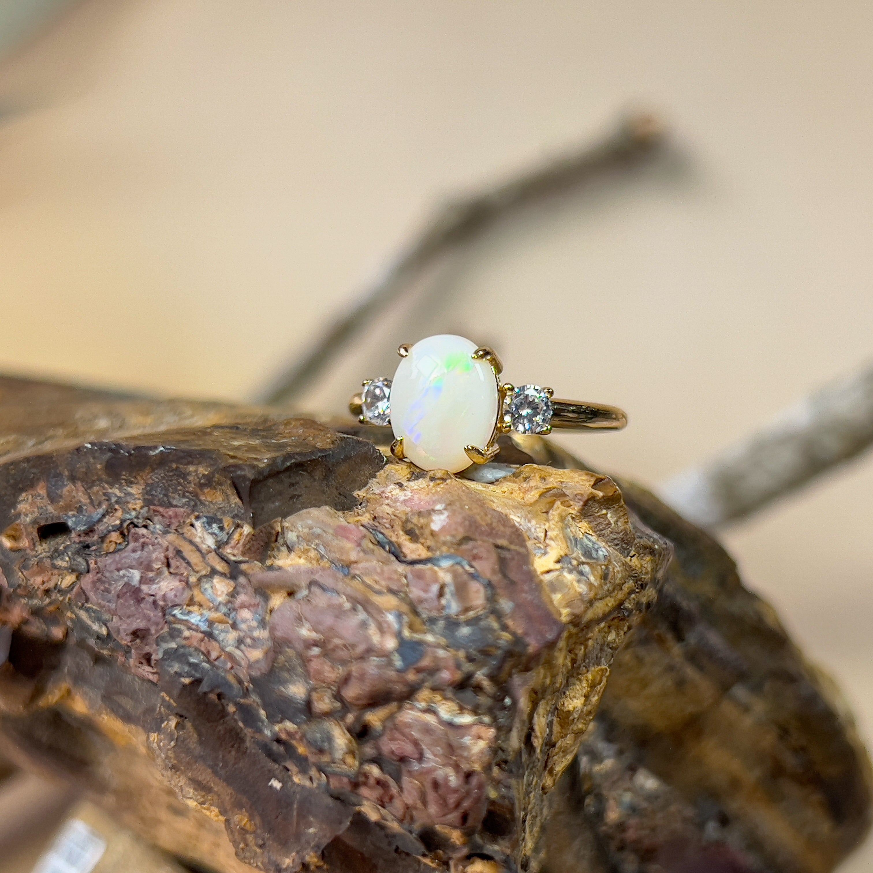 Gold plated Sterling Silver 9x7mm White Opal trilogy 3 stone ring - Masterpiece Jewellery Opal & Gems Sydney Australia | Online Shop