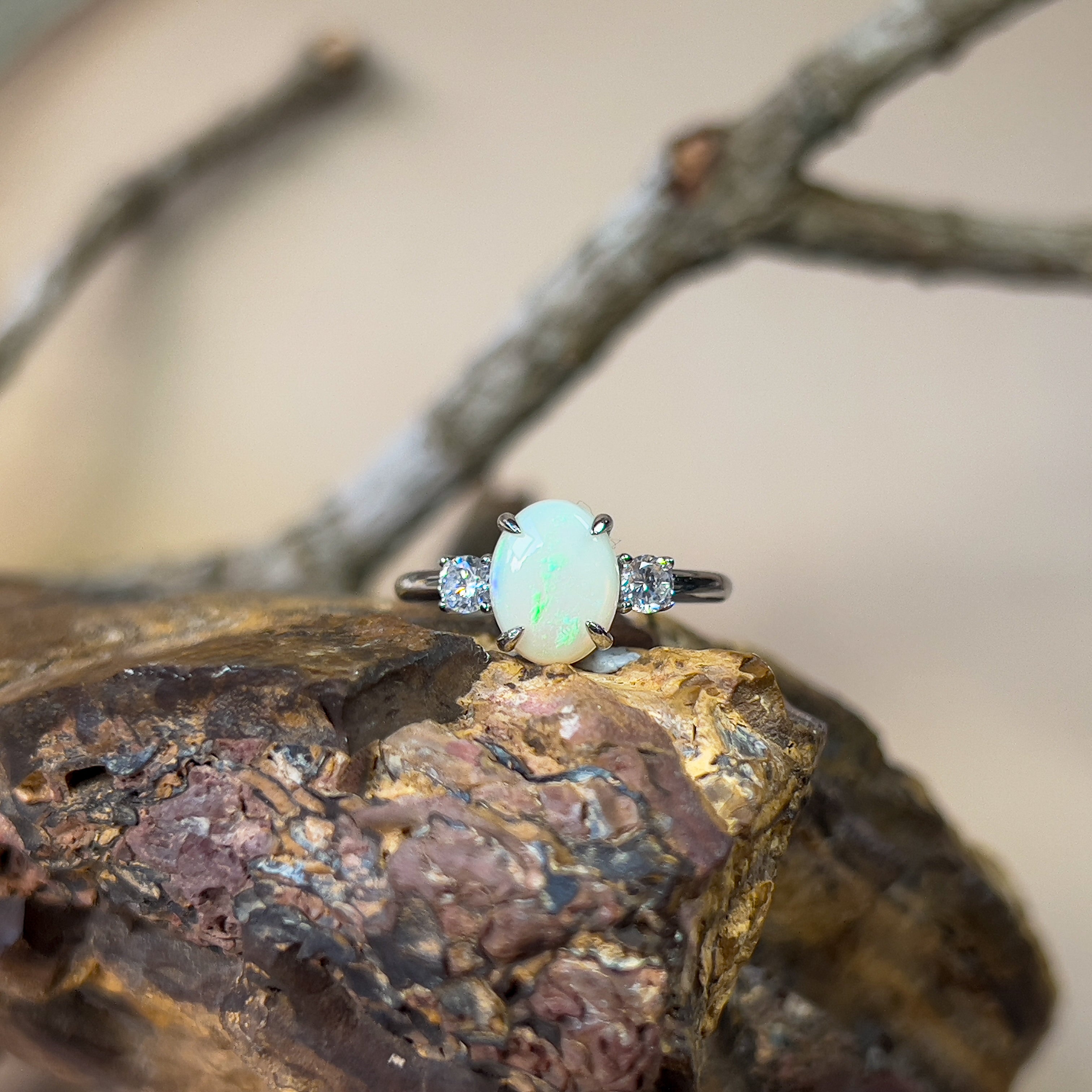 Sterling Silver 9x7mm White Opal ring trilogy style - Masterpiece Jewellery Opal & Gems Sydney Australia | Online Shop