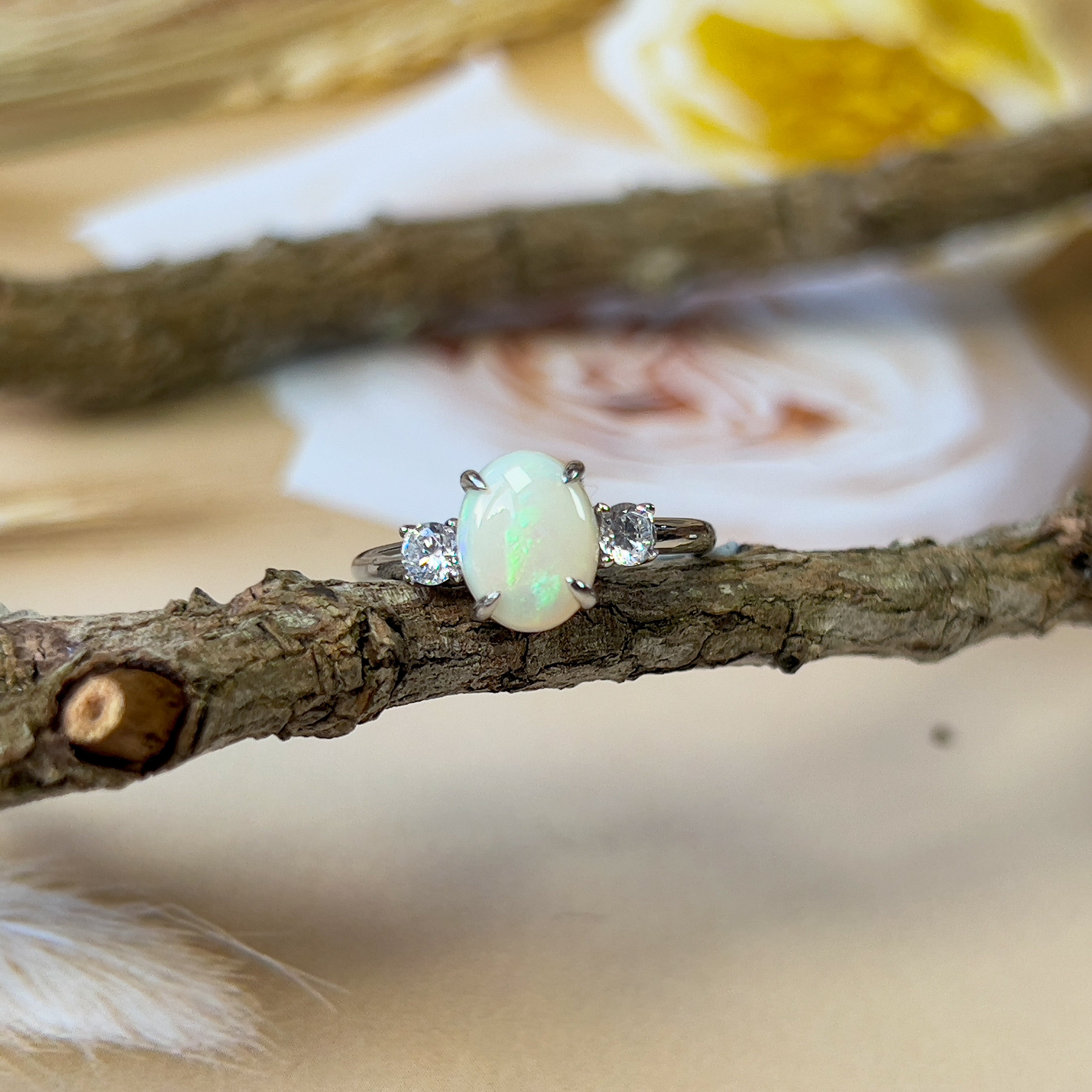 Sterling Silver 9x7mm White Opal ring trilogy style - Masterpiece Jewellery Opal & Gems Sydney Australia | Online Shop