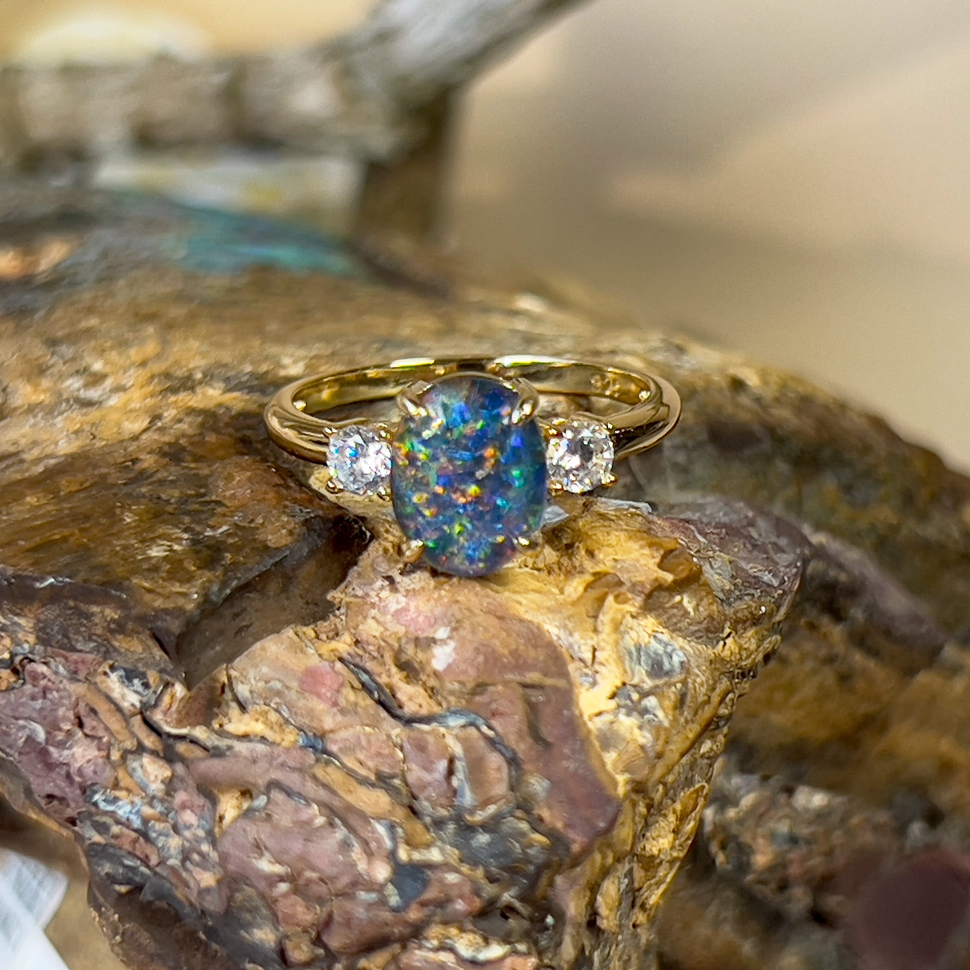Gold plated Silver 10x8mm Opal triplet trilogy ring - Masterpiece Jewellery Opal & Gems Sydney Australia | Online Shop