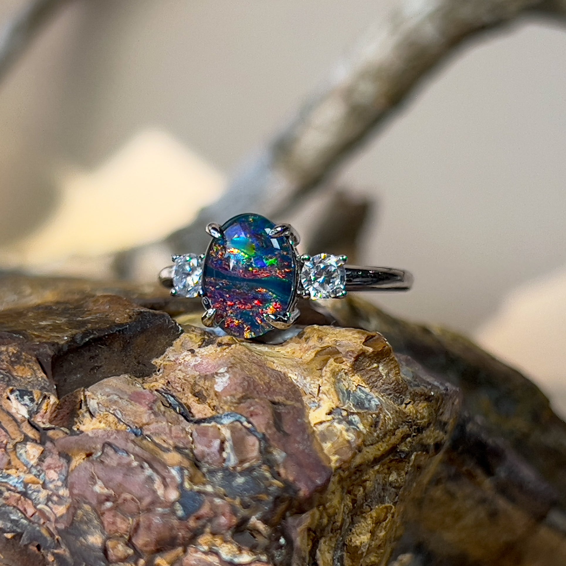 Sterling Silver Opal triplet 10x8mm and cubic zirconia trilogy ring - Masterpiece Jewellery Opal & Gems Sydney Australia | Online Shop