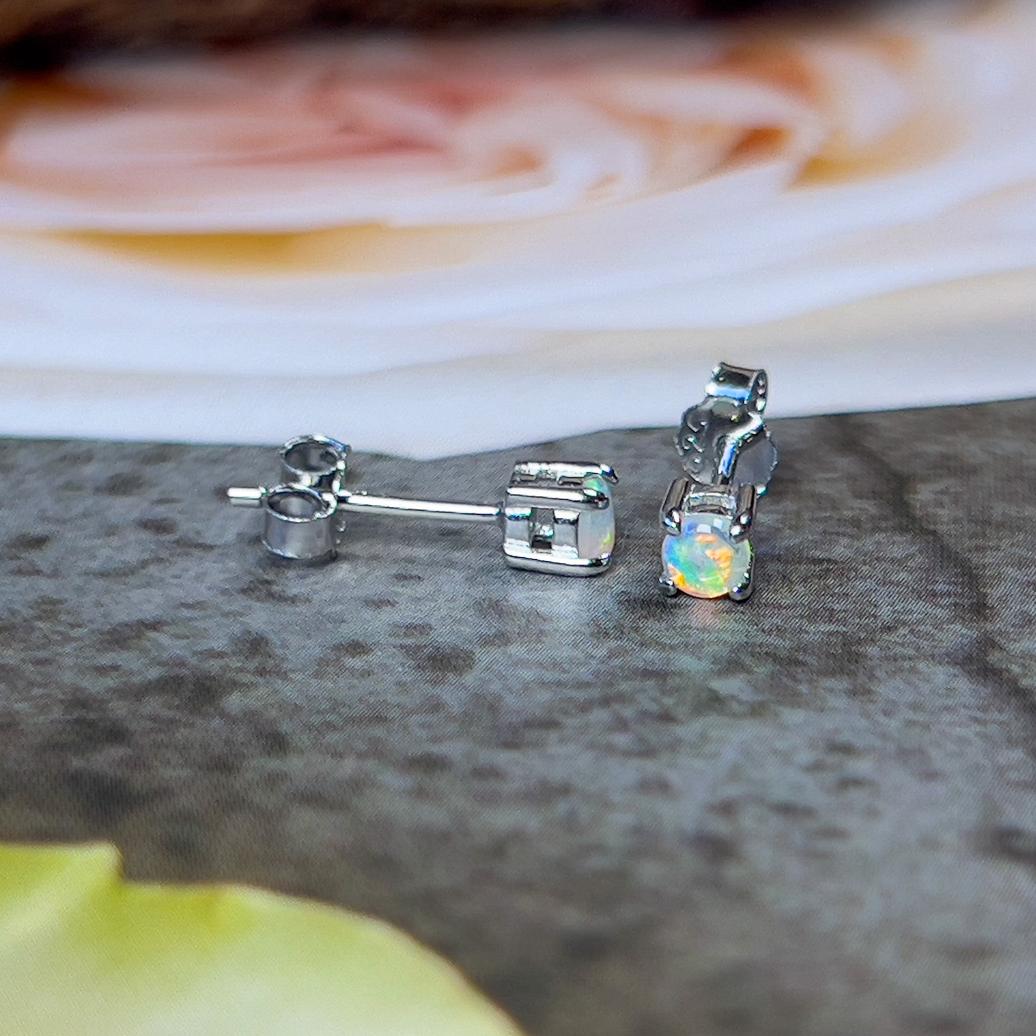One pair of 9kt White Gold 3.5mm Crystal Opal earrings studs - Masterpiece Jewellery Opal & Gems Sydney Australia | Online Shop