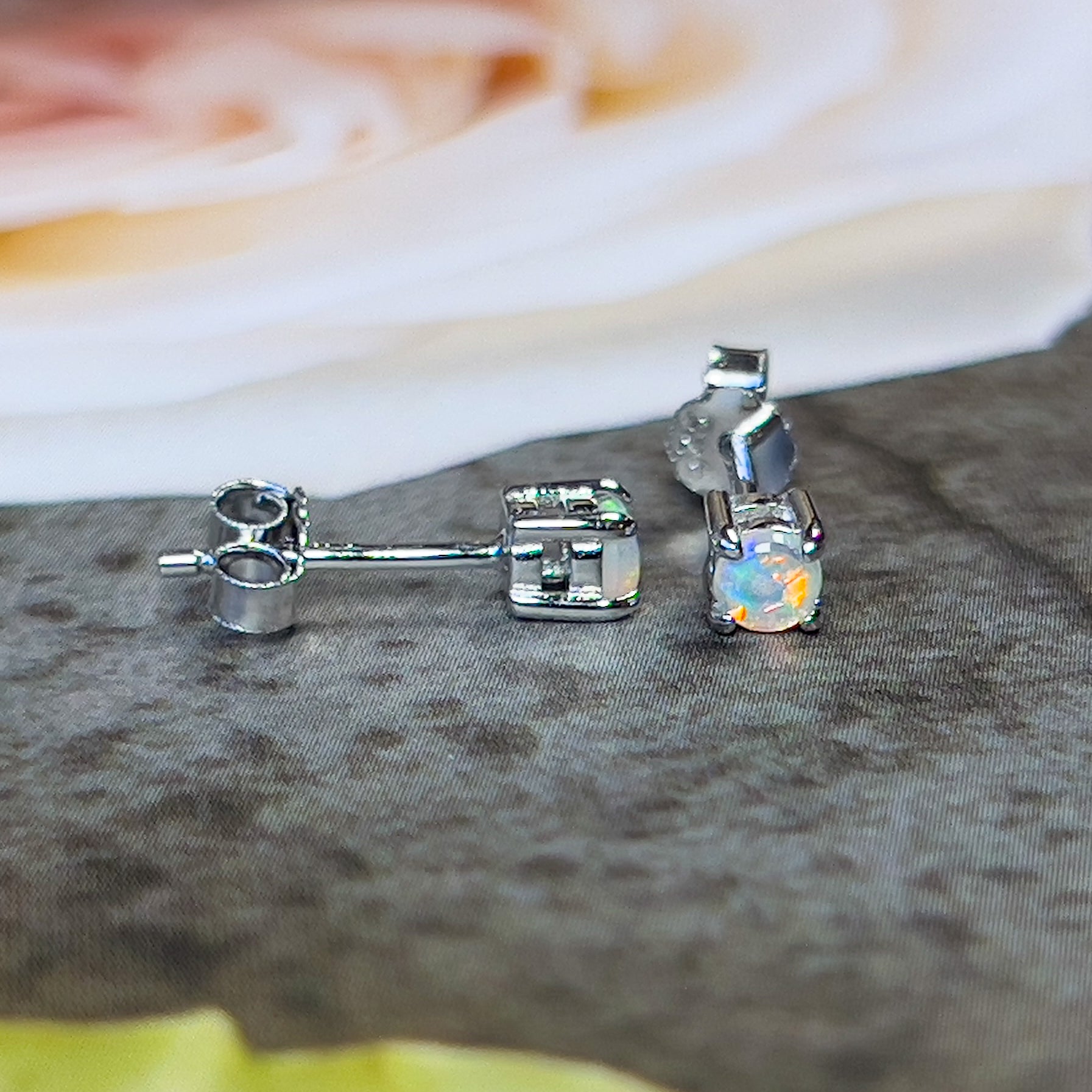 One pair of 9kt White Gold 3.5mm Crystal Opal earrings studs - Masterpiece Jewellery Opal & Gems Sydney Australia | Online Shop