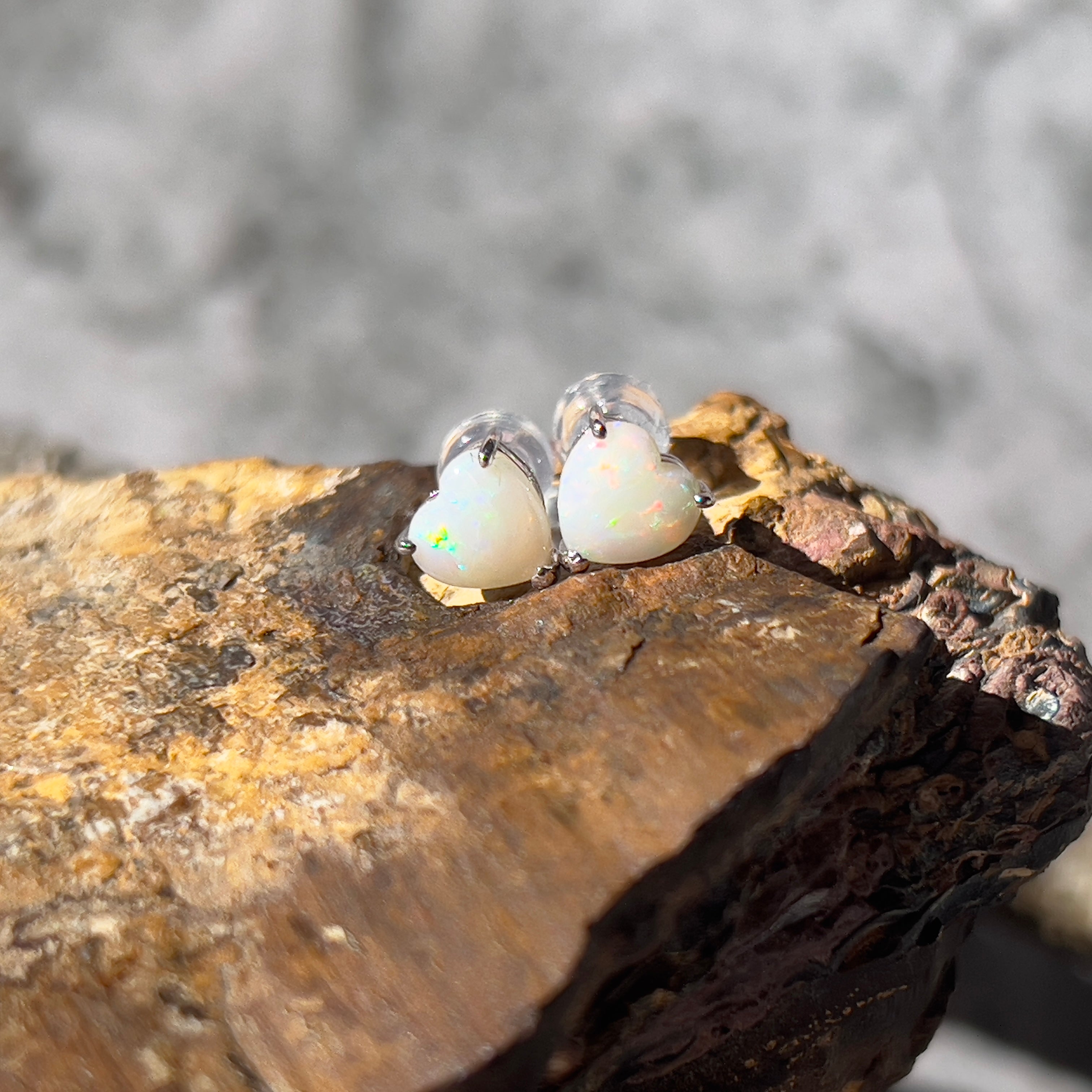 9KT White Gold Opal Stud Earrings, 6mm Heart Shape, Handmade Gift for Her, Minimalist & Dainty Gold Earrings, Cute Opal Jewelry, Birthstone Earrings - Masterpiece Jewellery Opal & Gems Sydney Australia | Online Shop