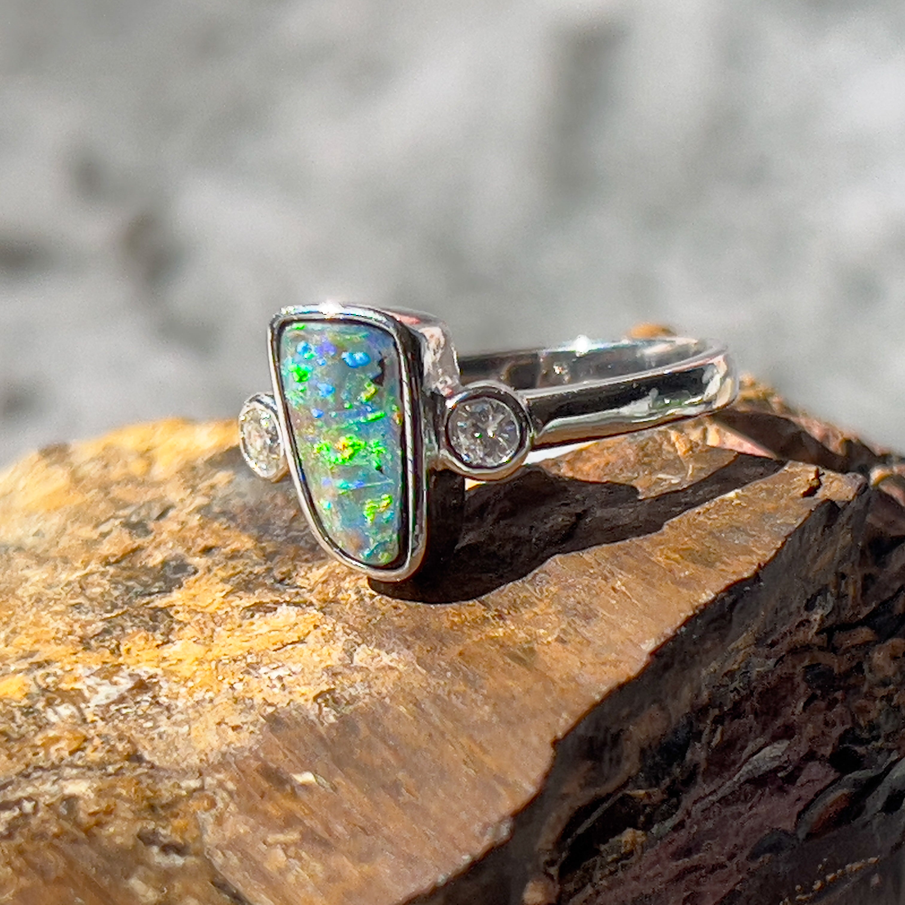 14kt White Gold Boulder Opal 1.8ct and Diamond Opal ring - Masterpiece Jewellery Opal & Gems Sydney Australia | Online Shop