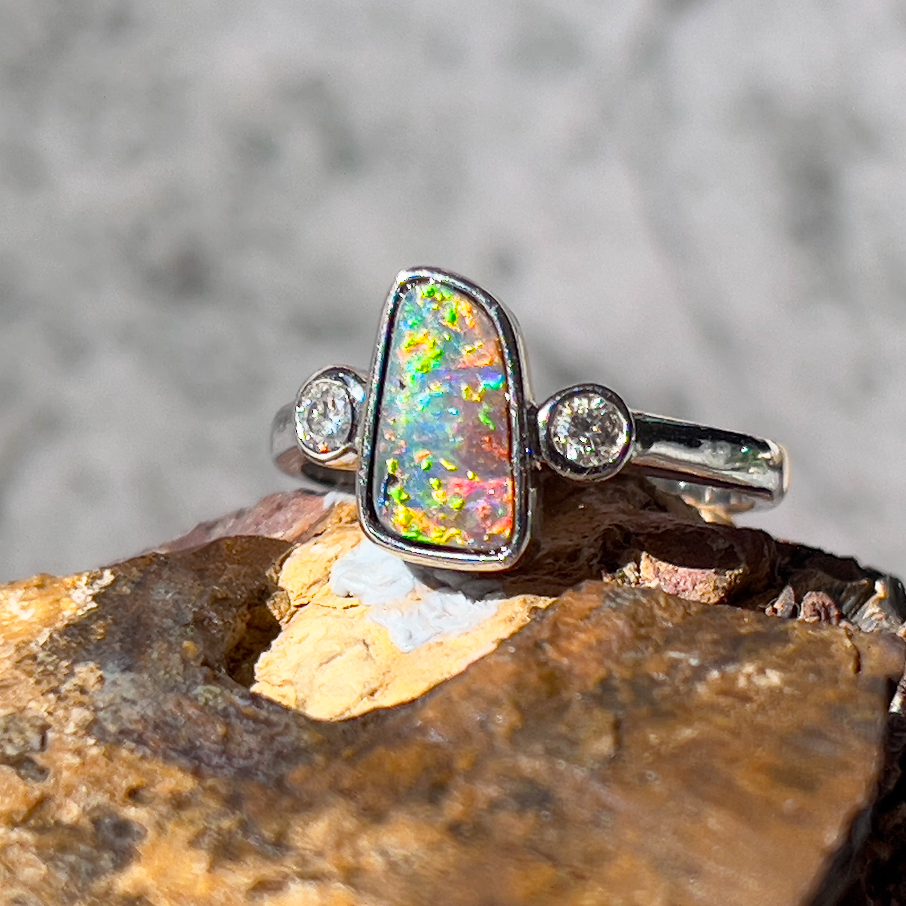 14kt White Gold Boulder Opal 1.8ct and Diamond Opal ring - Masterpiece Jewellery Opal & Gems Sydney Australia | Online Shop